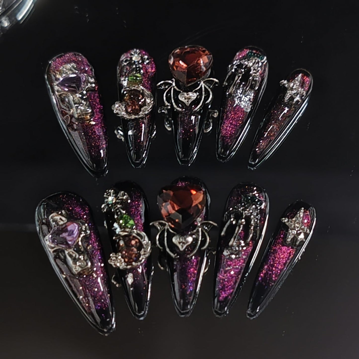 Handmade Press on Nails Medium Almond Fake Nail Halloween 3D Spider and Silver Spider Web Designs Black French Tip Stick on Nails Red Heart Thick False Nails for Women (S)
