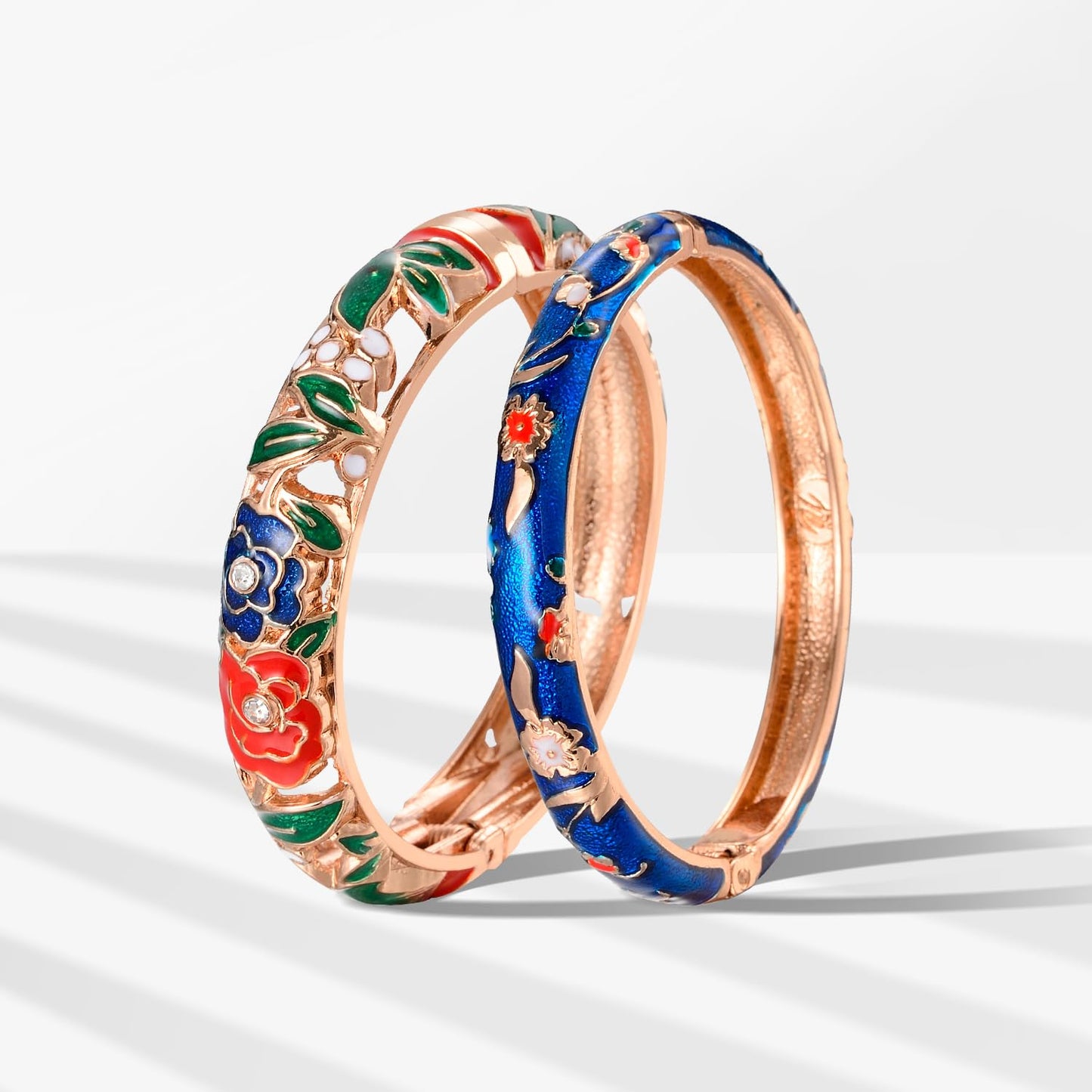 UJOY Handmade Enamel Bracelets Hollowed Filigree Golden Open Spring Hinge Cuff Crystals Bangles Jewelry for Women 88A10-55B31 red Blue