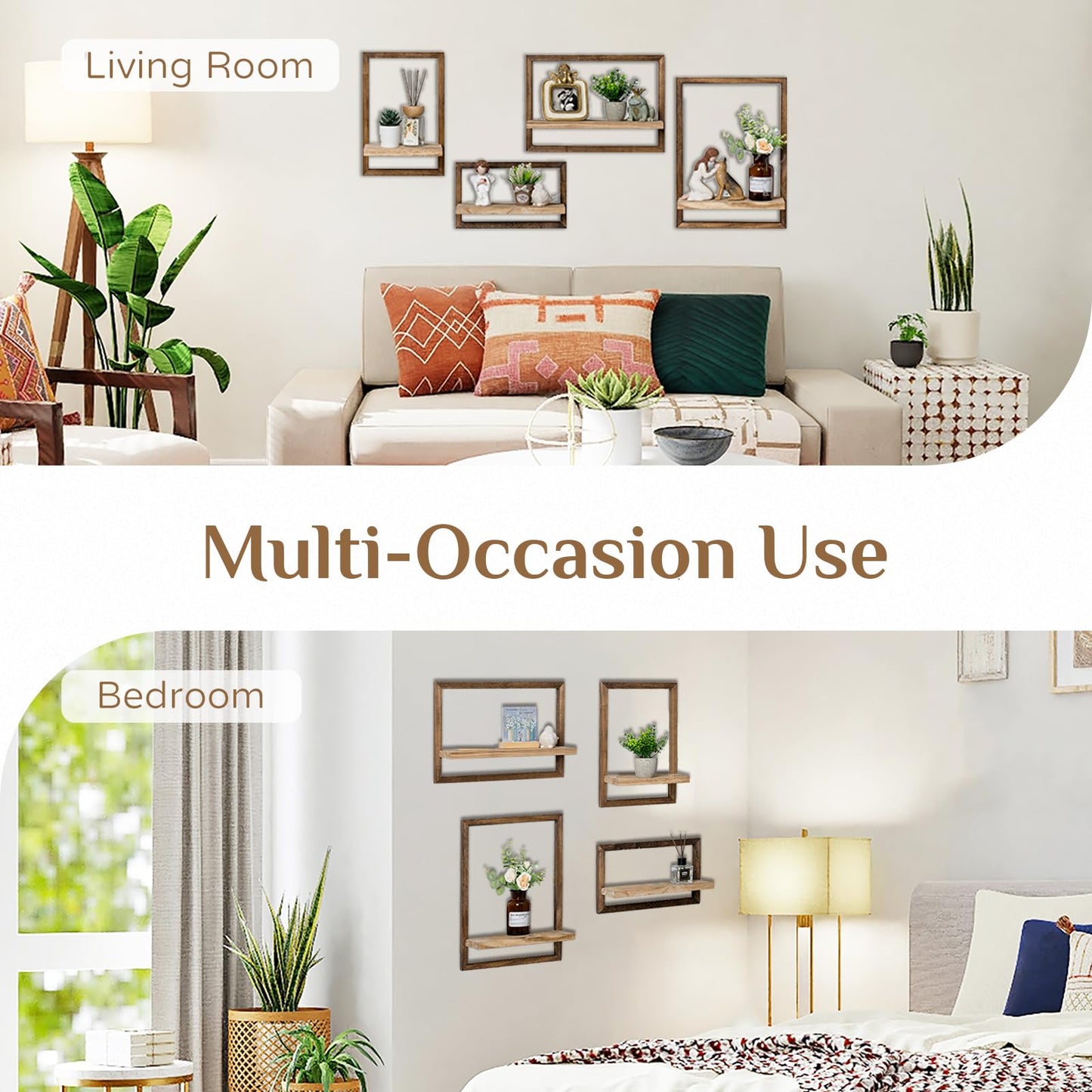 Walasis 4-Piece Wood Wall Shelves for Bedroom Farmhouse - Rustic Floating Shelf Decorative Storage Shelving Wall Mounted Decor with Frame for Living Room