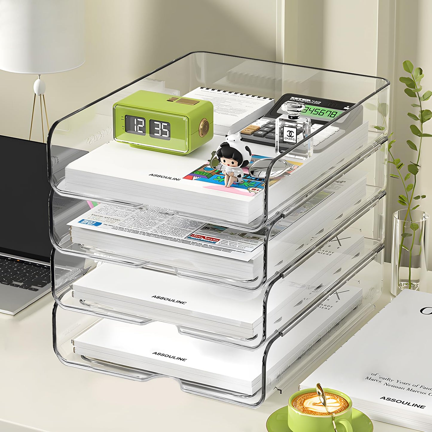 OUTIOE 4-Tier Paper Organizer for Desk, Stackable Desk Organizer Paper Tray, Ideal for Office Supplies, A4 Storage (Clear, 4-Tier)