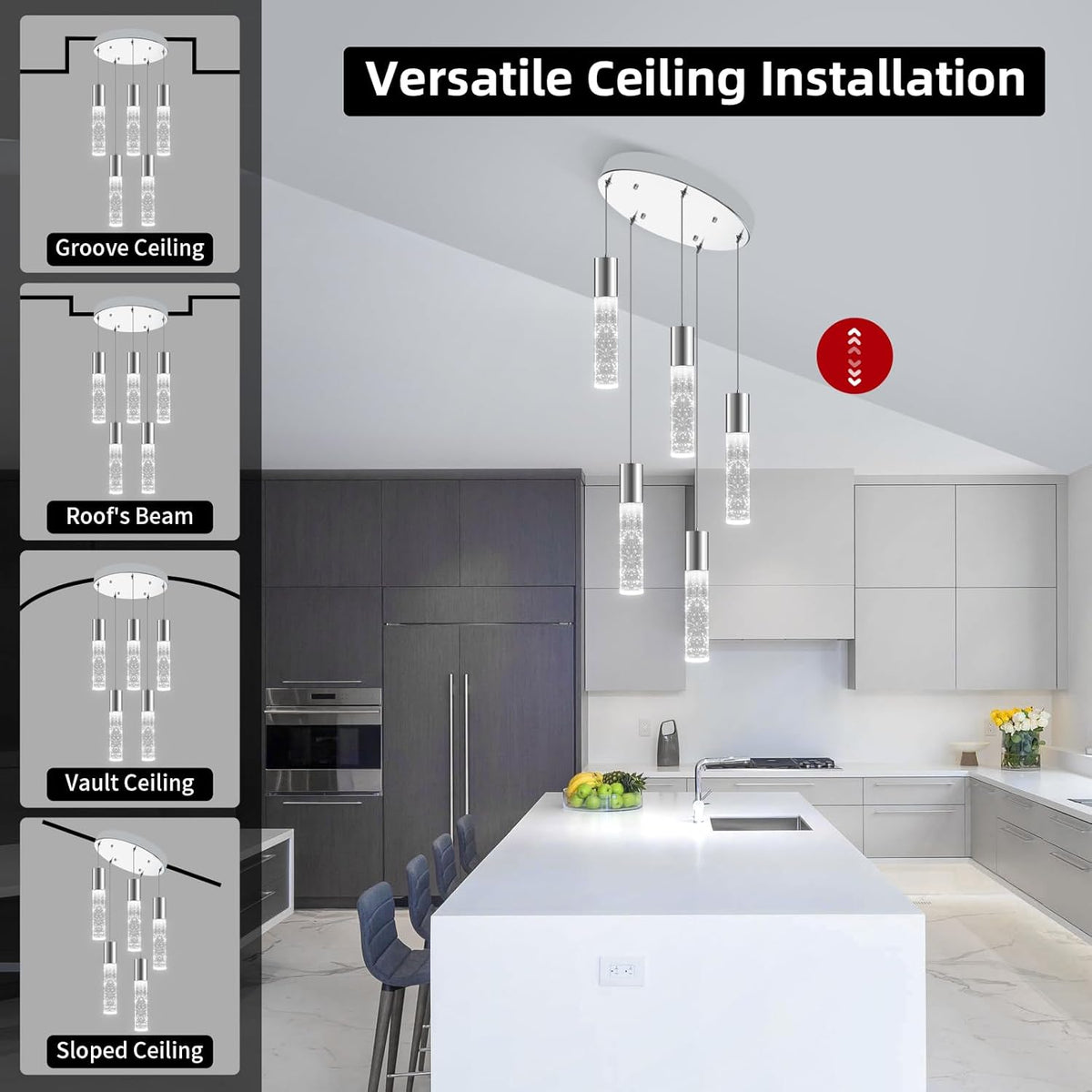 OKELI Smart Dimmable LED 5-Light Pendant Light for Kitchen Island, 18W 1350LM Modern Bubble Crystal Island Light Fixture with TUYA App & Voice Control, Adjustable 3000K-6000K, Electro-Chrome