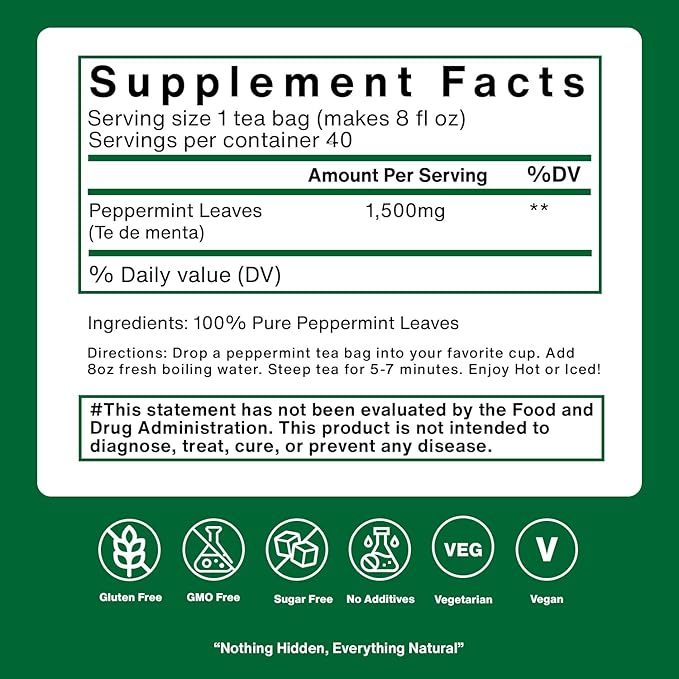 Natured Wellness Peppermint Tea Bags (Te De Menta) – Herbal Tea to Support Digestive Health, Sleep, and Relaxation – with Pure Peppermint Leaves – Non-GMO, Caffeine-free – 40 Teabags