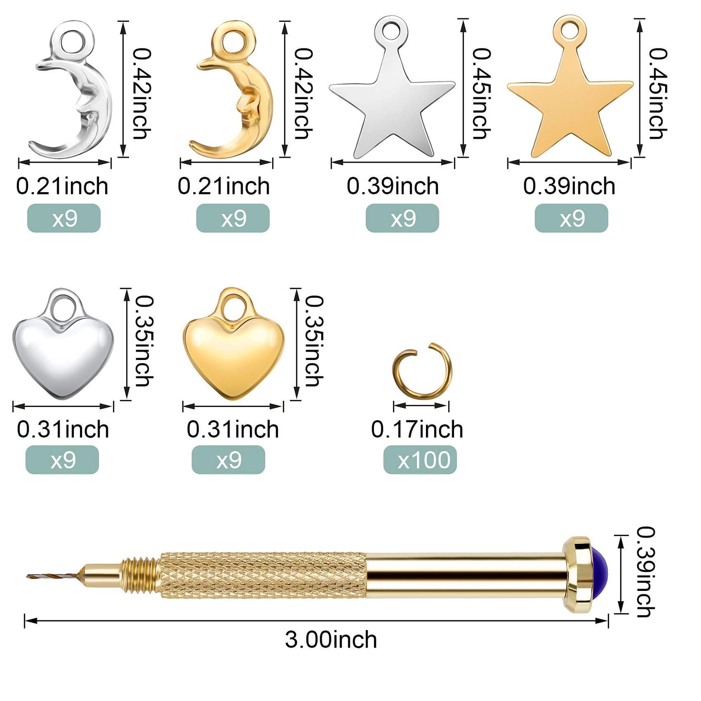 PAGOW 155 PCS Dangle Nail Art Charm, Nail Jewelry Rings with Nail Piercing Tool Hand Drill for Tips, Acrylic, Gels and Decorations