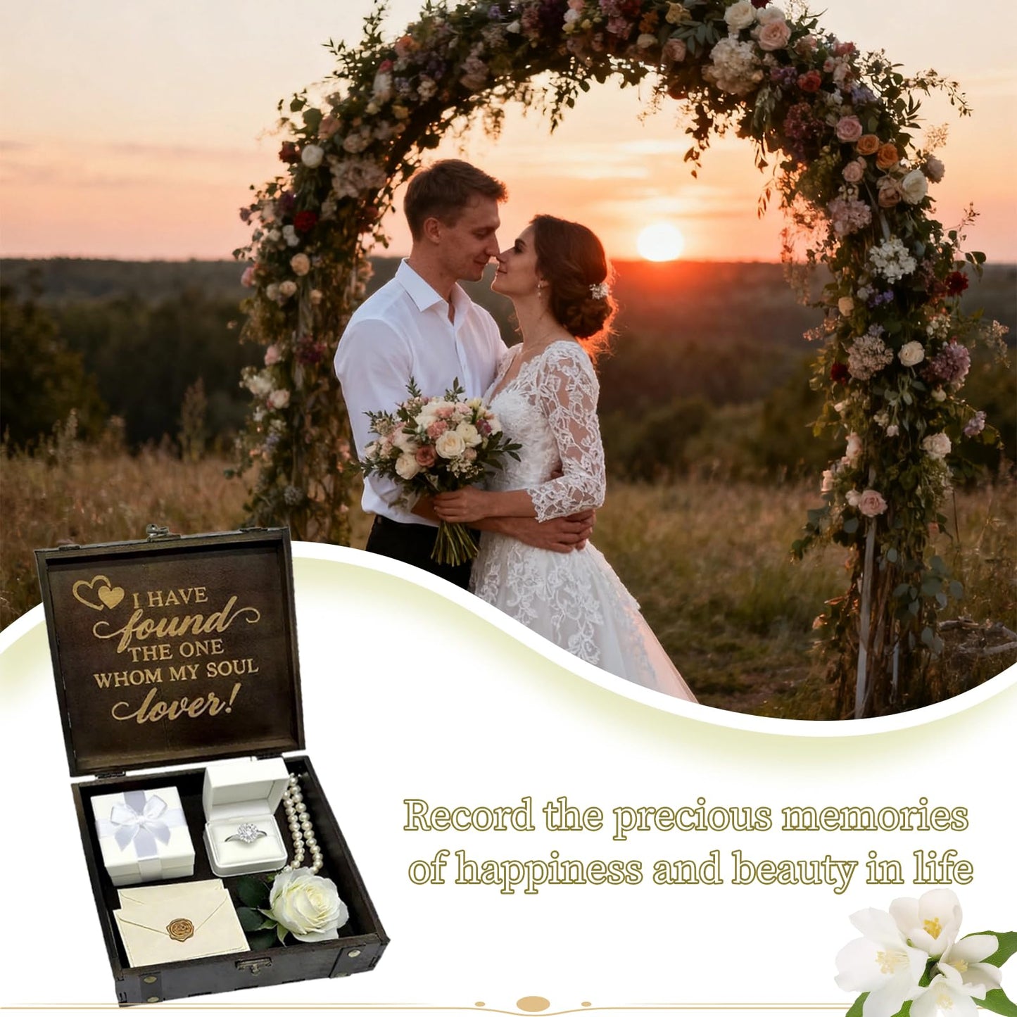 Flasunire Vintage Mr & Mrs Wedding Memory Box with Heart Design - Romantic Engraved I Have Found The One Wooden Keepsake Chest, Bridal Shower Gift for Couples 7.8x7.8x2.9 inch