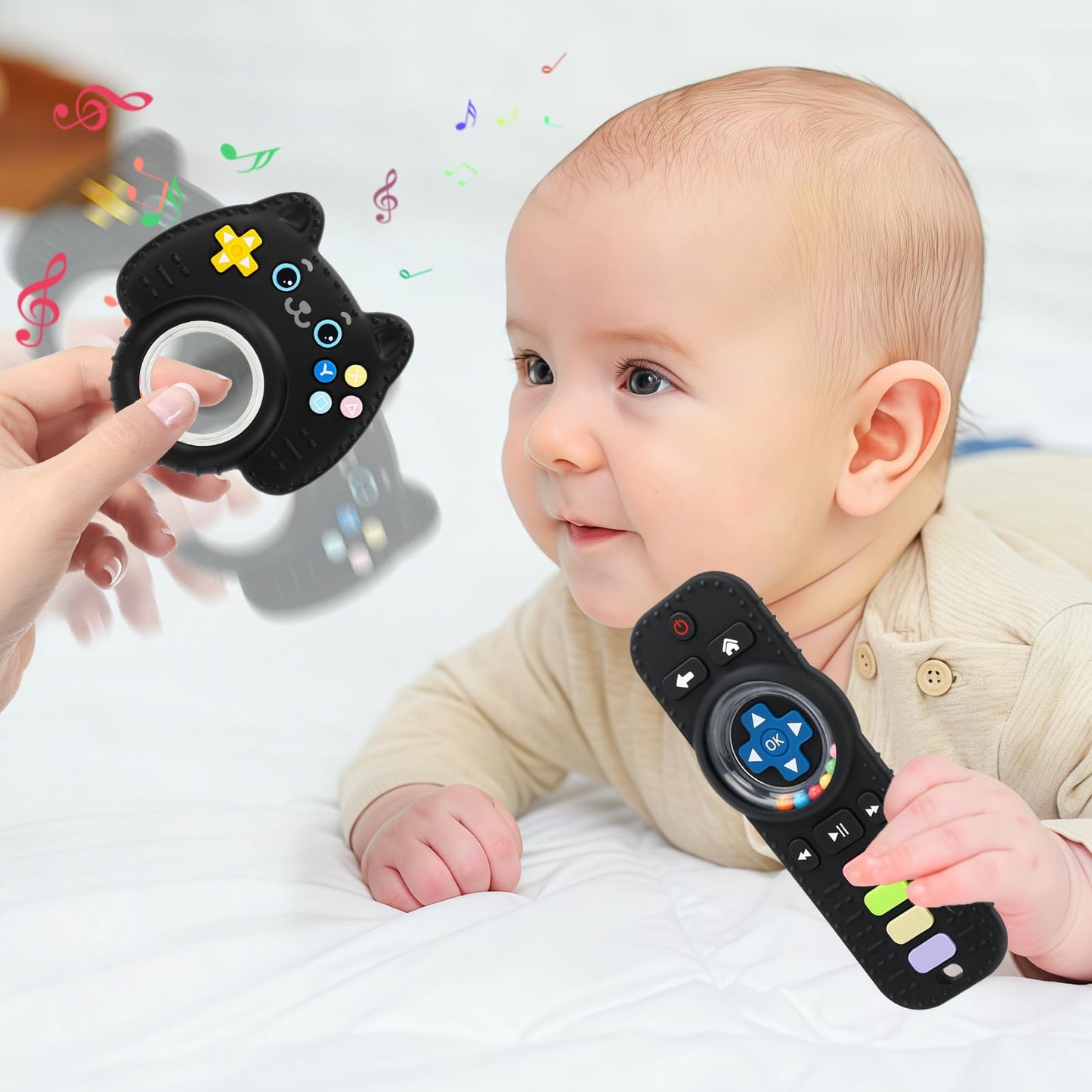 2 Pack Baby Rattles Teething Toy for Babies 3-6 Months, Teething Relief for Infant 6-24 Months, Silicone Teethers TV Remote Boys and Girls Sensory Toy