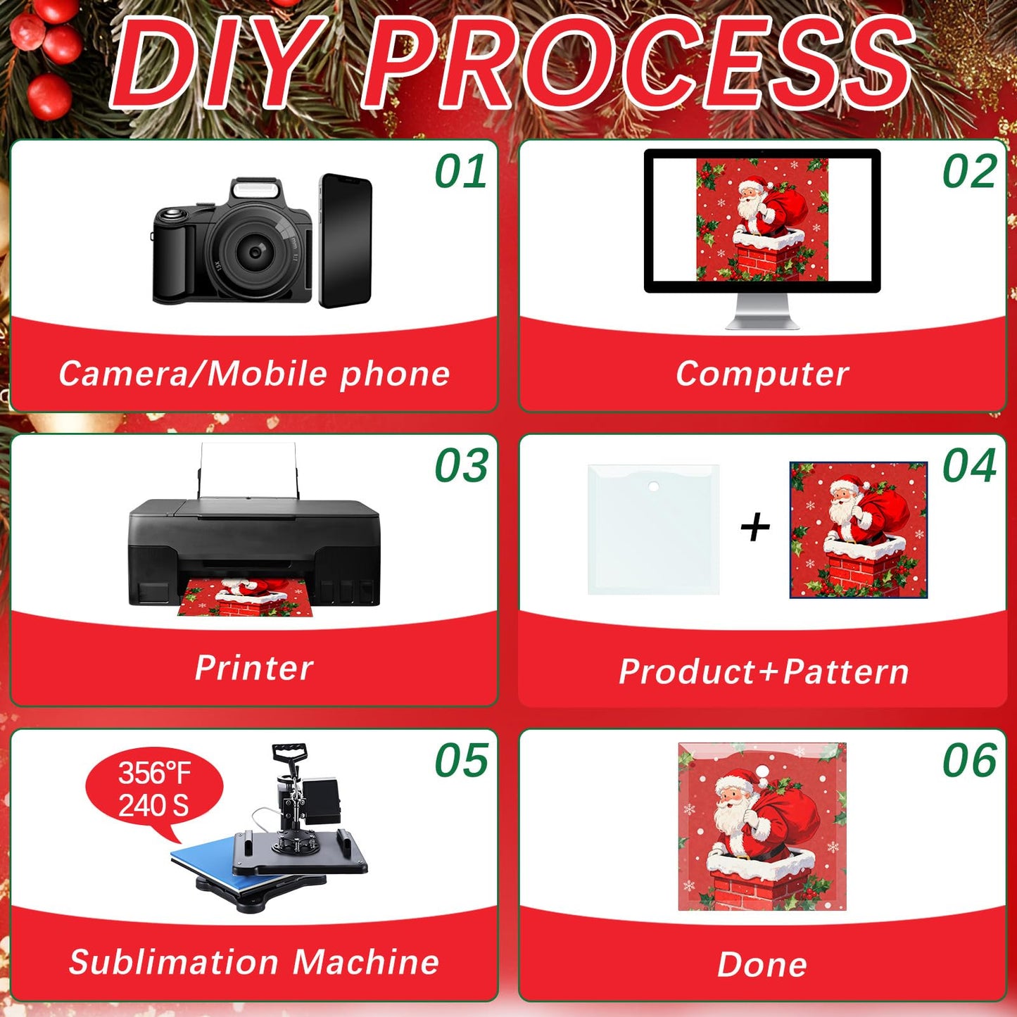 24 PCS Glass Sublimation Blanks Ornament Sublimated Glass Square 3 Inch with Red Ribbons,Personalized Christmas Ornaments