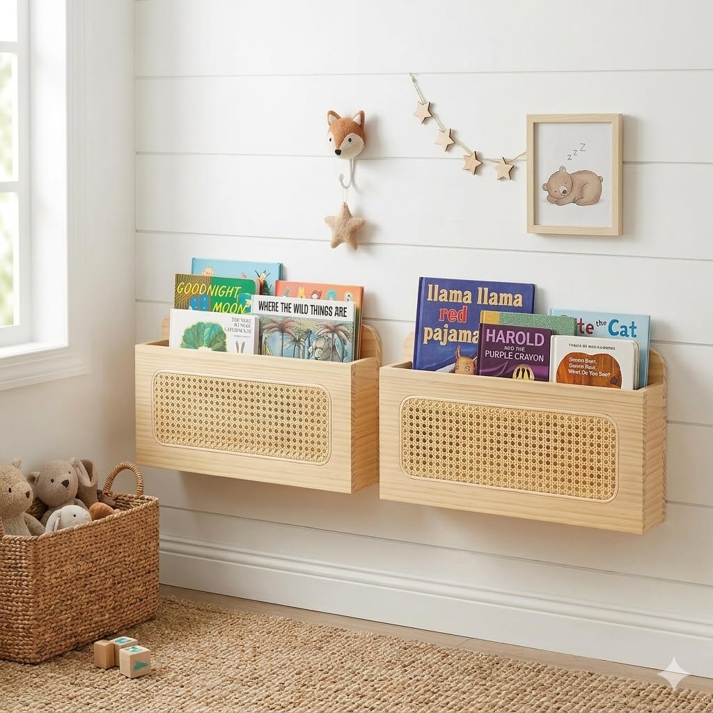 Rustic Wall Mounted Magazine Rack - Solid Wood Mail Holder with Natural Rattan Weave, Boho Floating File Organizer & Vinyl Record Display Shelf, Decorative Letter Holder for Entryway, Office (1 Pack)
