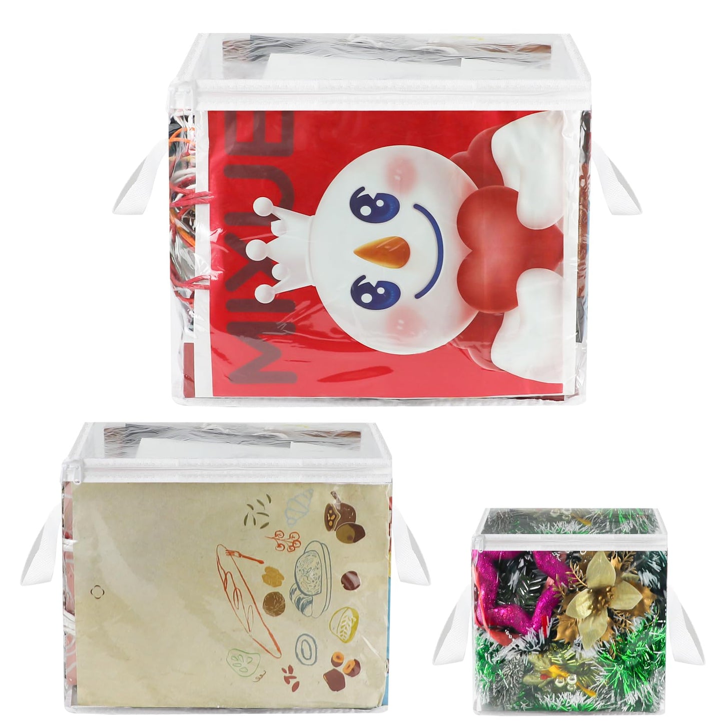 3 Pack Clear Zippered Gift Bag Storage Organizer with Handles,Organize Your Gift Wrap,Tissue Paper, Tape,Bow, Ribbon,Card,Ornament-Christmas Wrapping Supplies Storage Bag-3 Different Sizes（L+M+S)