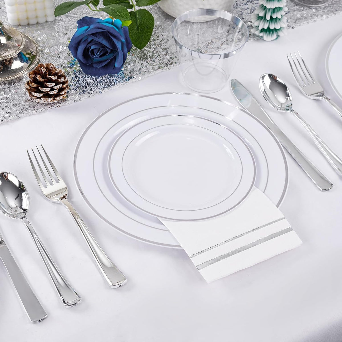GATHER 700PCS Silver Plastic Plates - Silver Plate Set 100Guest - Disposable Dinnerware Sets 100Silver Rim Dinner Plates 100Silver Dessert Plate 100Paper Napkins&Cups&silver Plastic Silverware Set