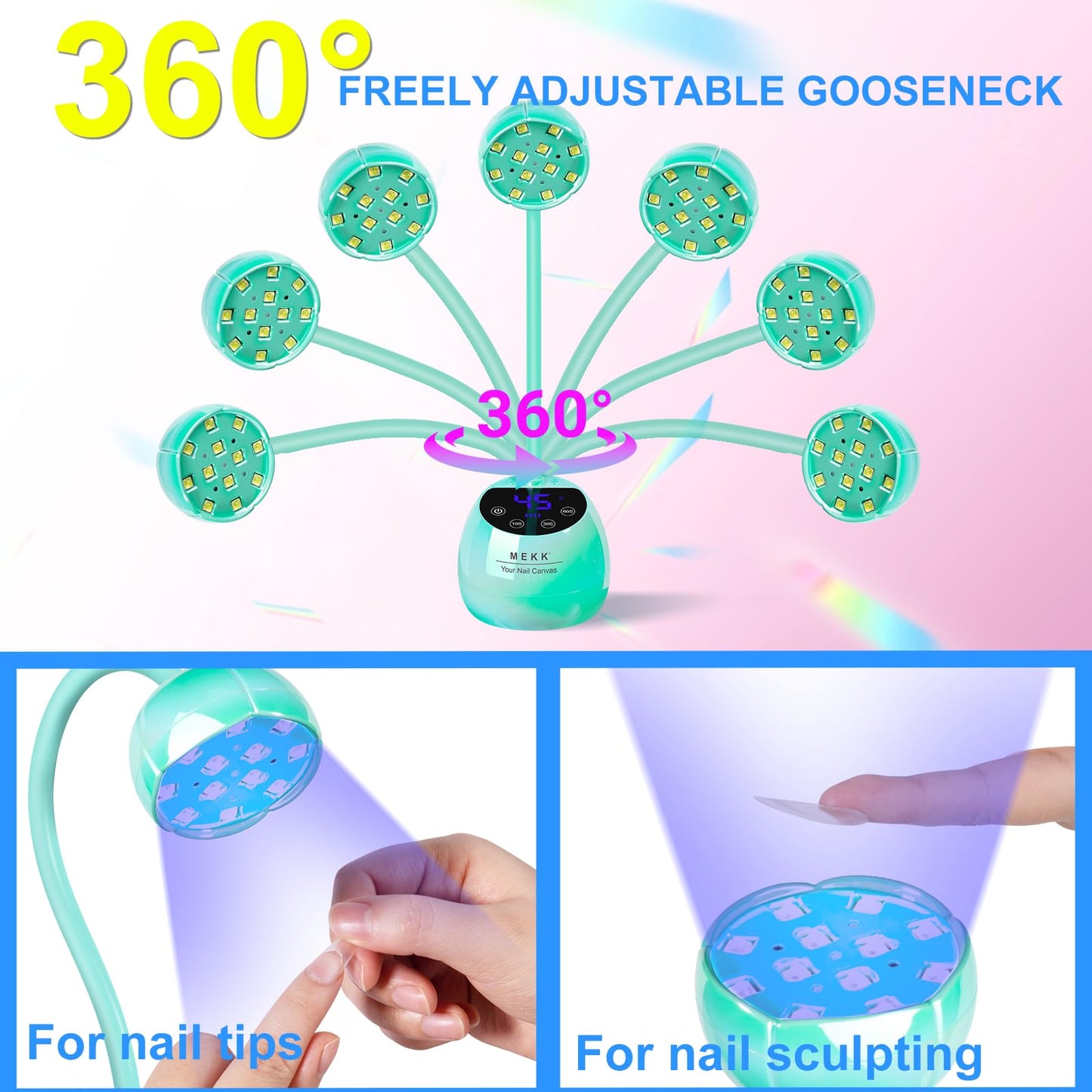 MEKK Gooseneck UV LED Nail Lamp - 36W Cordless Mini UV Light for Gel Nails for Home & Travel, Single Nails Light for Detail Work, Flash Cure Lamp with Auto Sensor, 4 Timers (Glazed Blue)