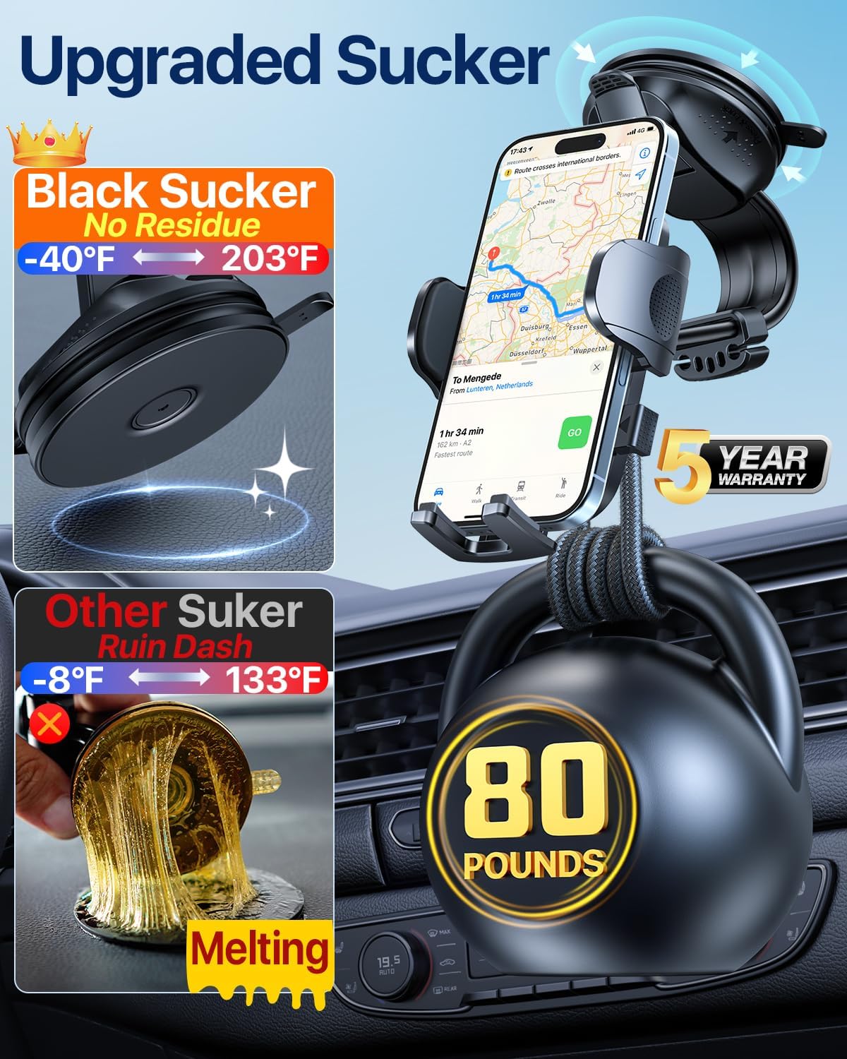 HTU Upgraded Strongest Suction Car Phone Holder Bendable Arm, Never Block View Rotatable Cellphone Mount for Dashboard Windshield Vent, Cradle Stand for iPhone 16 15 14 13 12 Pro Max (Dark Pink)