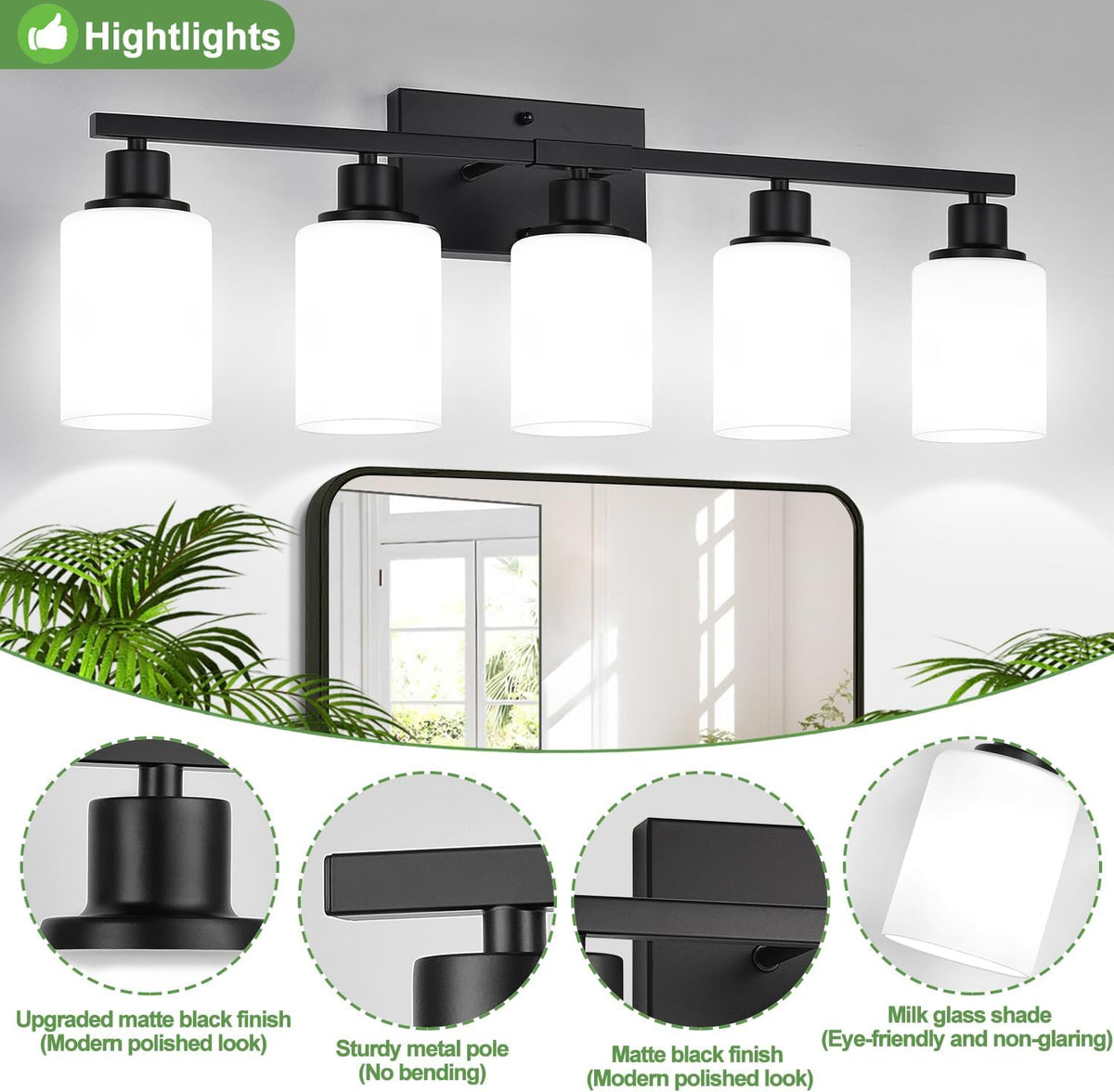 5-Light Black Bathroom Vanity Light Fixture with Milky White Frosted Glass Shades, Bathroom Light Fixture for Mirror, Matte Finish, Reversible Up/Down Lighting for Bedroom, Living Room, Hallway