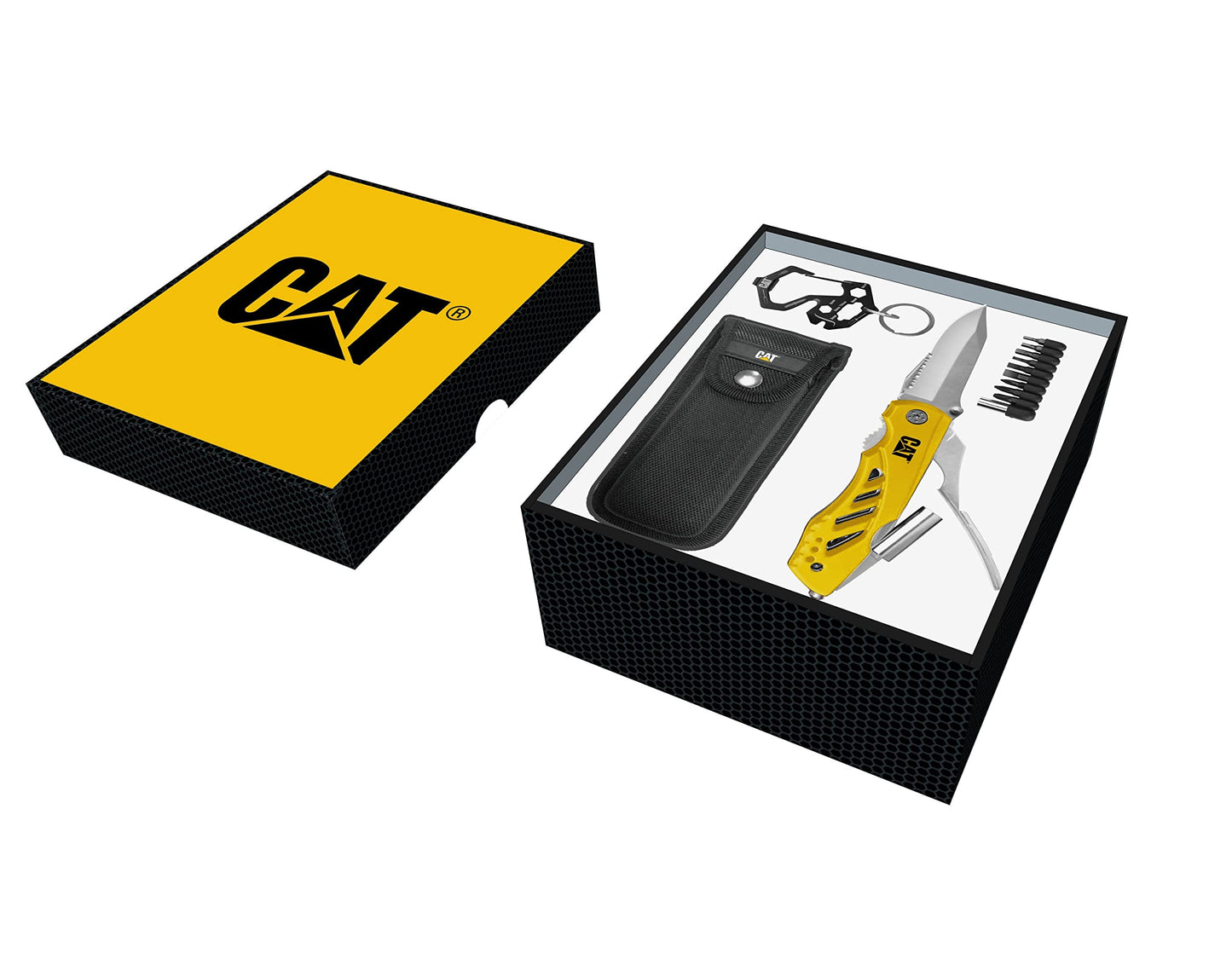 Cat 3-Piece Multi-Tool and Bit Gift Box Set, 11-in-1 Folding Multi Tool, Keychain Multi Tool, 9-Piece Bit Set with Holder, Glass Break, Knife, Pliers, Wire Cutter, Belt Pouch - 240364