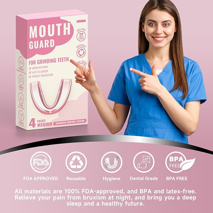 4 Pack Pink Mouth Guards for Women and Teens, Medium Size, Moldable Night Guards for Teeth Grinding and Clenching, Comfortable Bite Guards, Stylish Custom Dental Guards for Protection