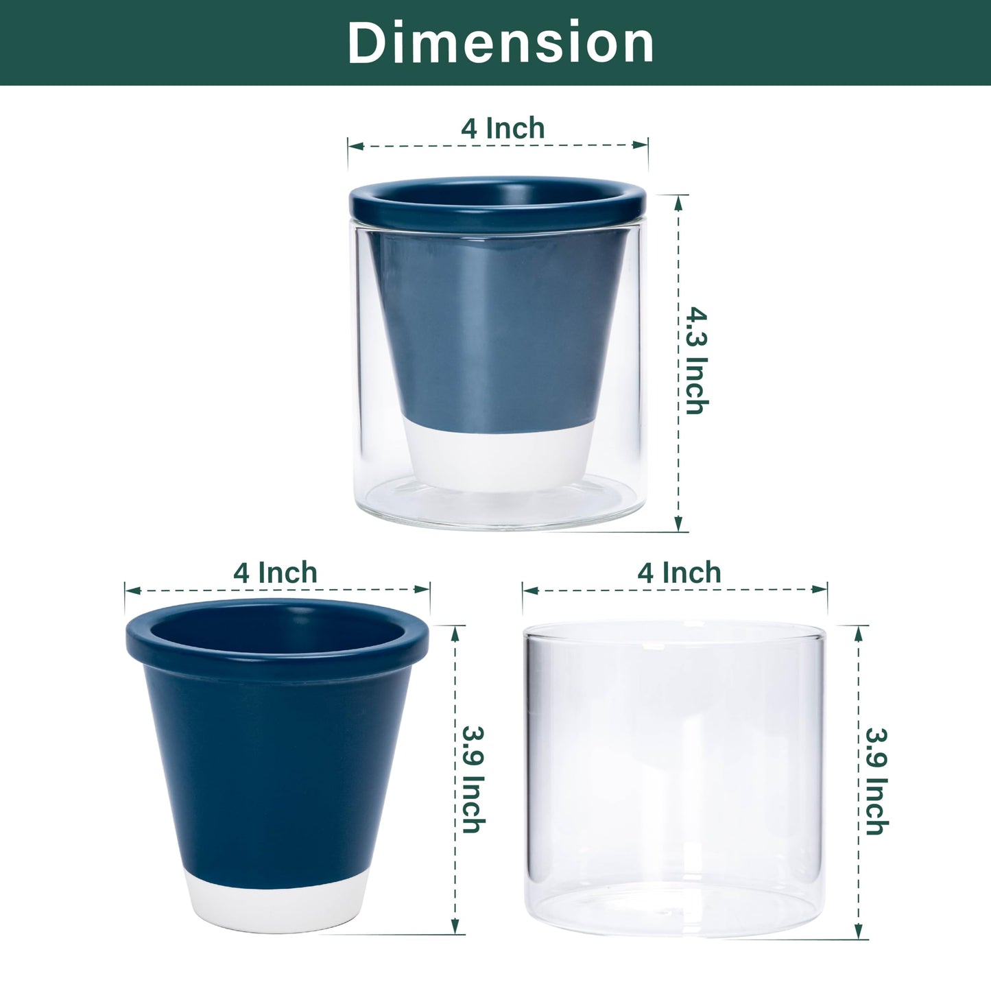 D'vine Dev 4 Inch Design Self Watering Planter for Indoor Plants, Blue Terracotta Pot with Cylinder Glass Cup, 37-X-A-4