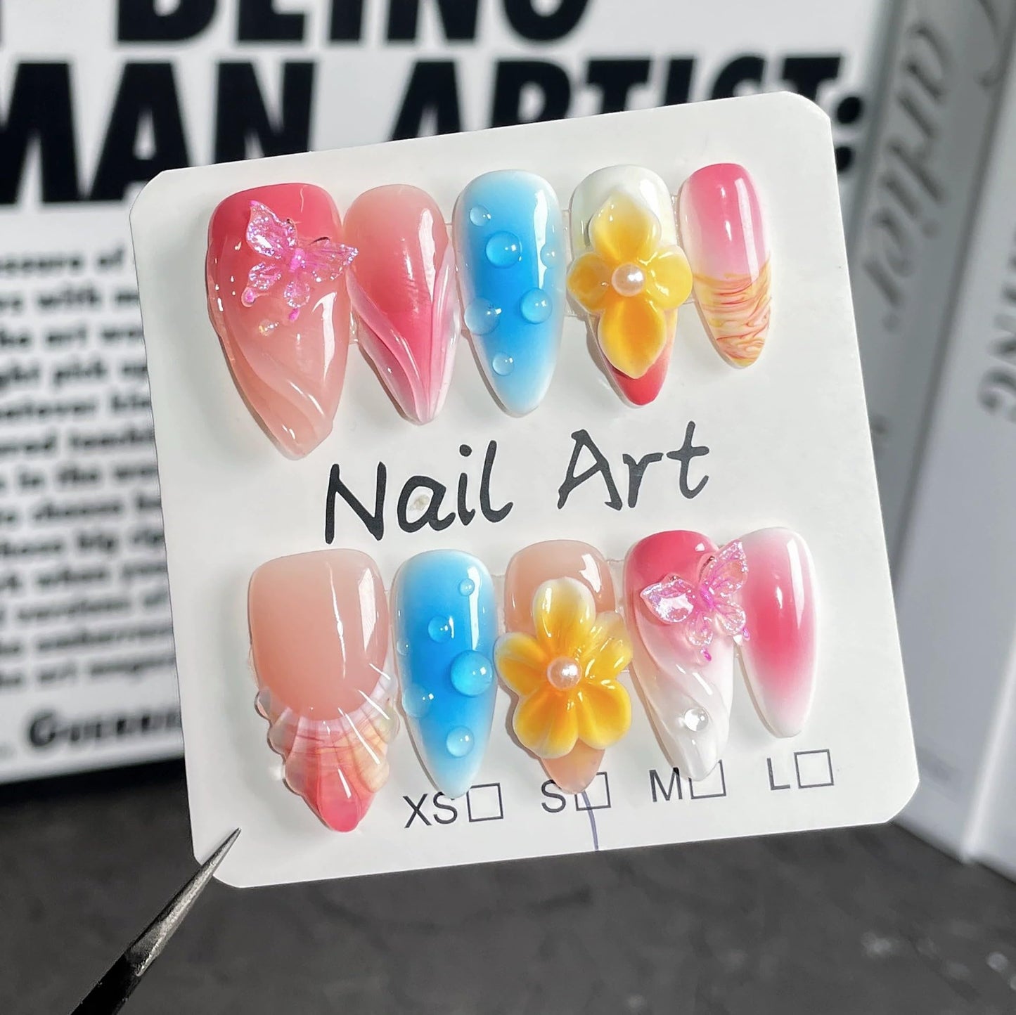 Qicaijia 10Pcs(Size M) Medium Almond Handmade Press On Nails - Luxury Glossy French Tip Acrylic Fake Nails with 3D Butterfly Floral Petal Designs, Reusable for Women’s Manicure