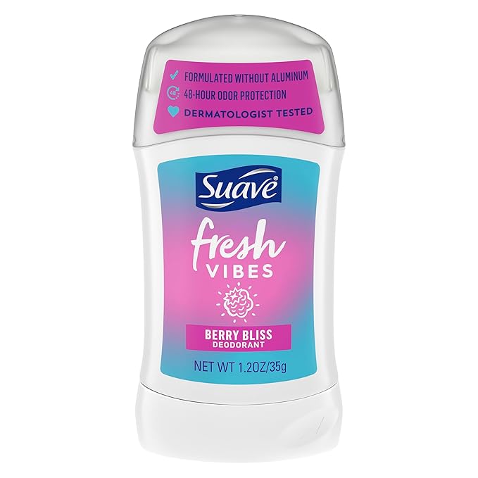 Suave Fresh Vibes Deodorant Stick Berry Bliss Aluminum Free 48 Hour Deodorant Protection Dermatologist Tested Body Deodorant 1.2 OZ(Pack of 12)
