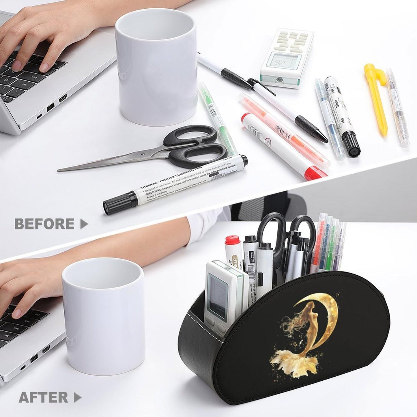 Golden Color Mermaid Moon Remote Control Holder with 5 Compartments Caddy Desktop Organizer for Home Office
