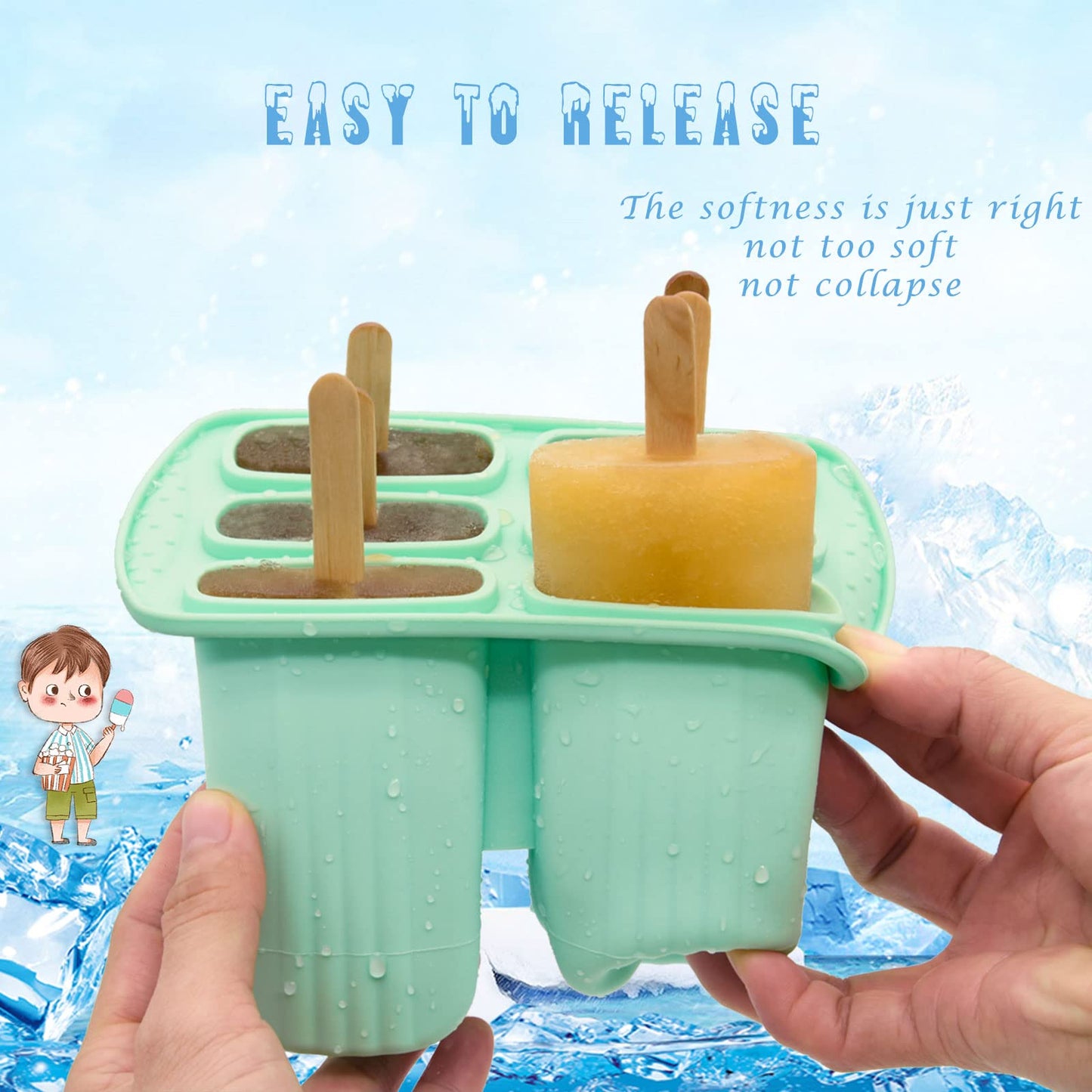 Bongpuda 6 Pieces Silicone Popsicle Molds,Easy-Release Bpa-Free,Ice Pop Mold,Ice Cream Molds For Kids,With 50 Pcs Popsicle Sticks+Cleaning Brush(Green）