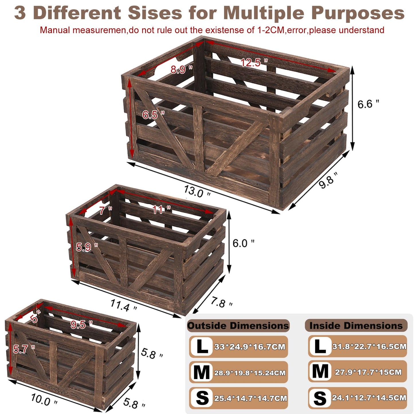 LYDWOO8D Nested Wooden Storage Crates Set of 3 (L,M,S),Farmhouse Decorative Boxes with Handles for Home Organization & Display
