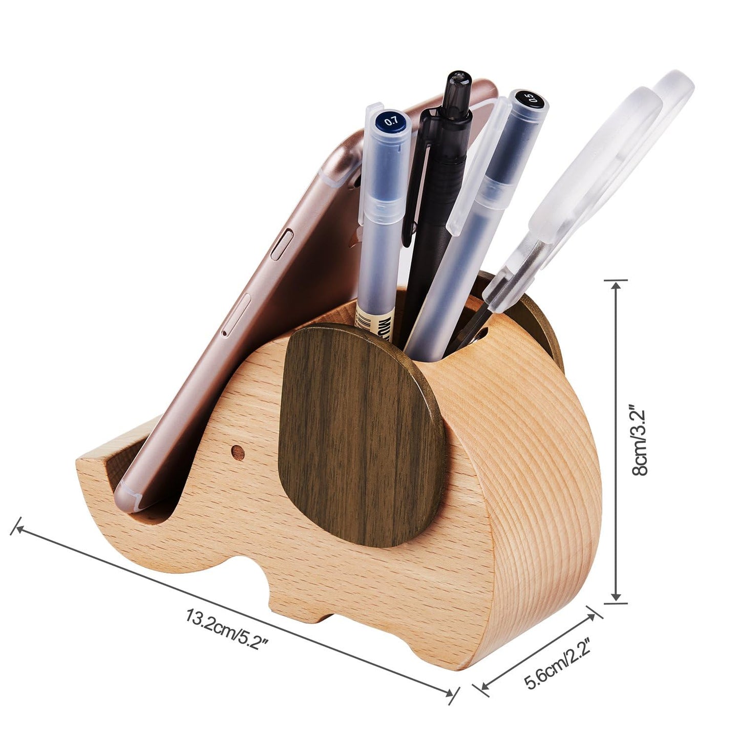 AhfuLife Wooden Elephant Cell Phone Holder/Stand with Pen&Pencil Holder/Pot, Desk Decoration Multi-functional Supplies Stationery Organizer, Christmas Gift Birthday Graduation Gift