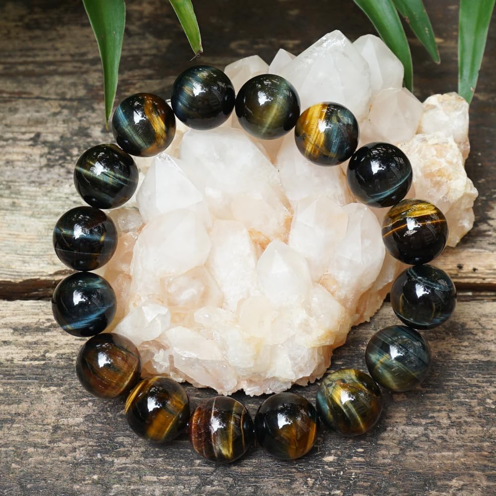 TaHLga 16MM Yellow Blue Tigers Eye Beaded Bracelet for Men | Natural Solar Plexus Chakra Gemstones | Bring Luck Wealth Courage | Protection from Evil | Gift