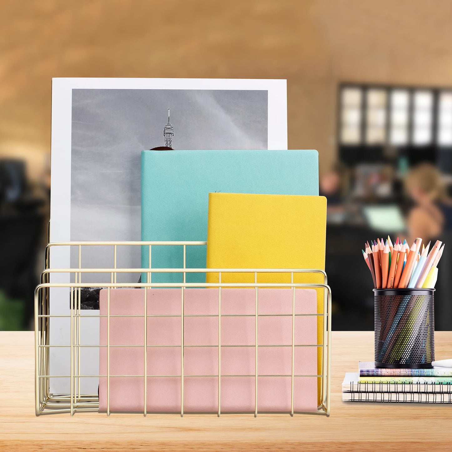 YiePhiot Desktop Mail Organizer File Organizer Metal Wire Mail Sorter Letter Organizer Magazine Rack for Letters, Mails, Books, Postcards, Brochures, Mail Holder (3 Slot, Gold)