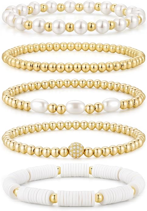 M MOOHAM Gold Beaded Bracelets for Women - 14k Real Gold Plated Beaded Pearl Bracelet Set Stack for Women Trendy Non Tarnisn, Adjustable Stretch Bracelet Jewelry Gifts for Teen Girls Women
