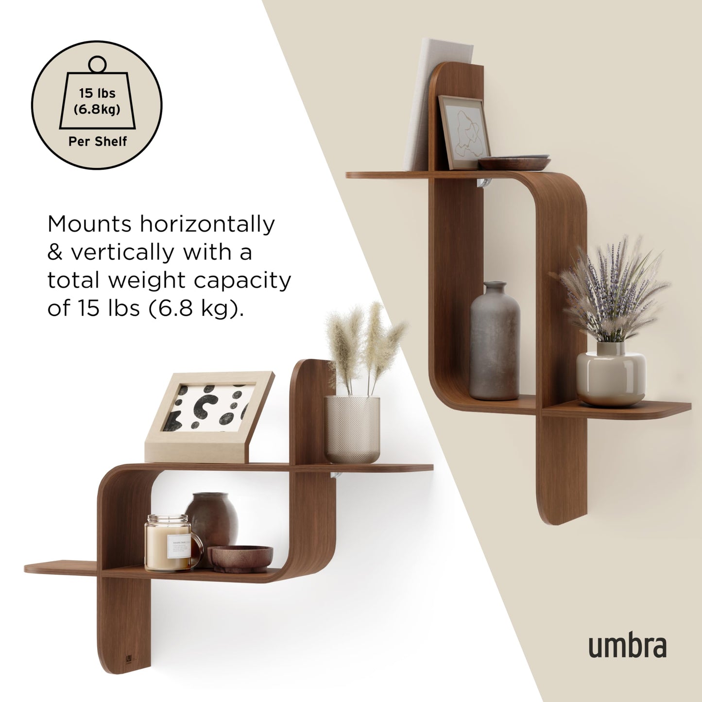 Umbra Montage Floating Wall Shelf Display Case, Made of Natural Bent Wood, Light Walnut