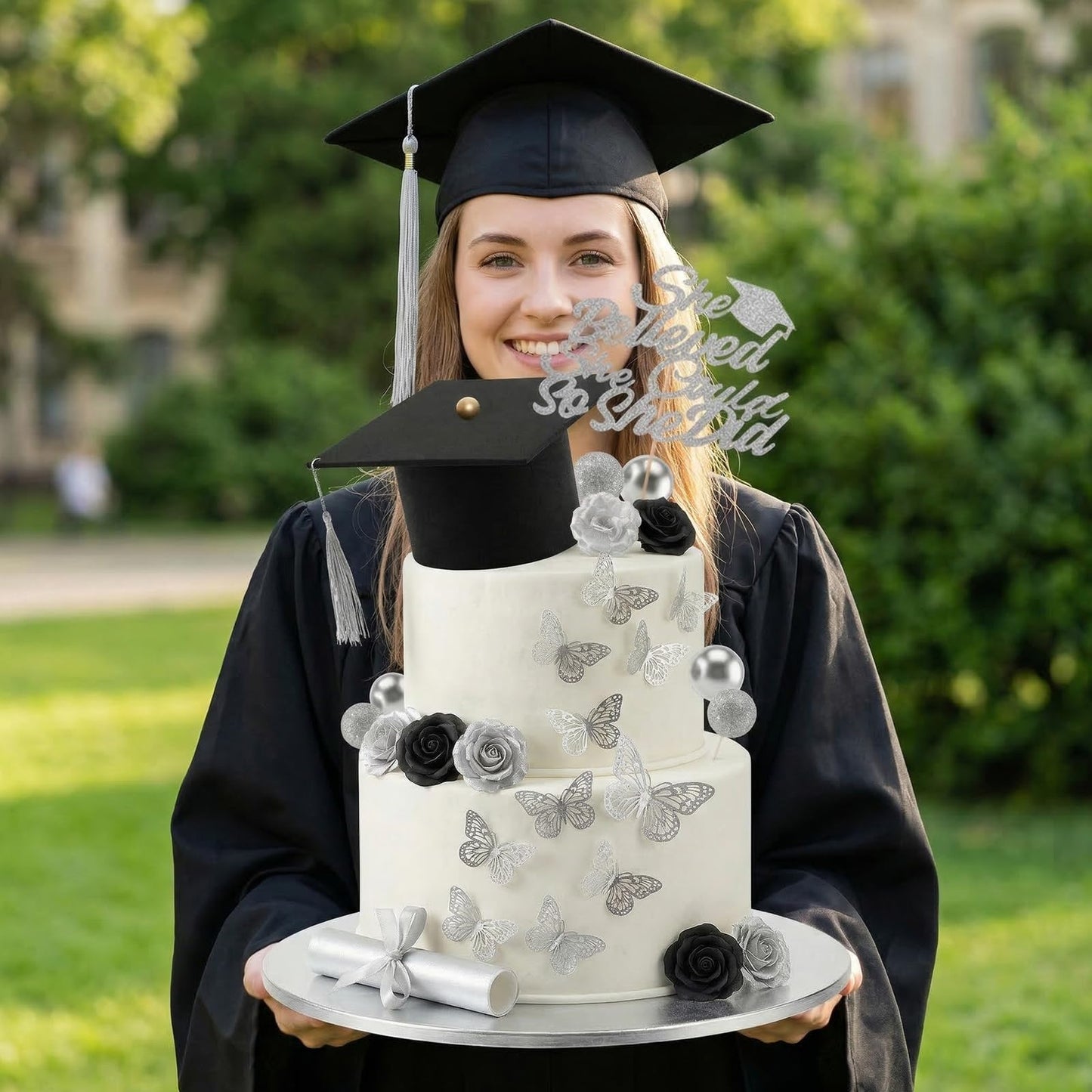 35 Pcs Graduation Cake Toppers Class of 2026 Graduations Cap Diploma She Believed She Could Beads Flowers Butterfly Cake Decorations for 2026 Graduation Party Supplies