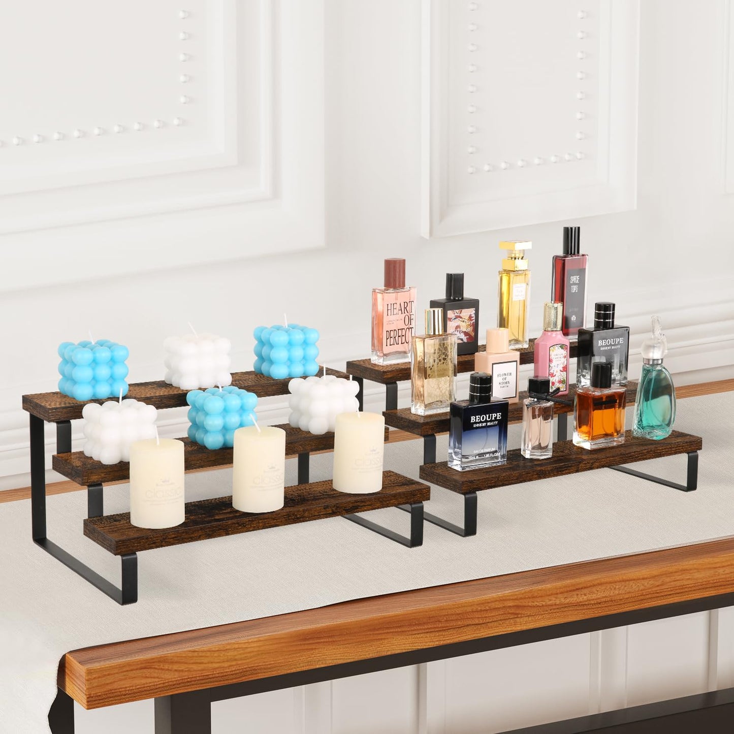 YINMIT Wooden Display Riser Stand, Tiered Perfume and Cologne Organizer Stand, 3 Tier Spice Rack Organizer, Rustic Display Shelf for Candles (3 Tier, 2 Pack)