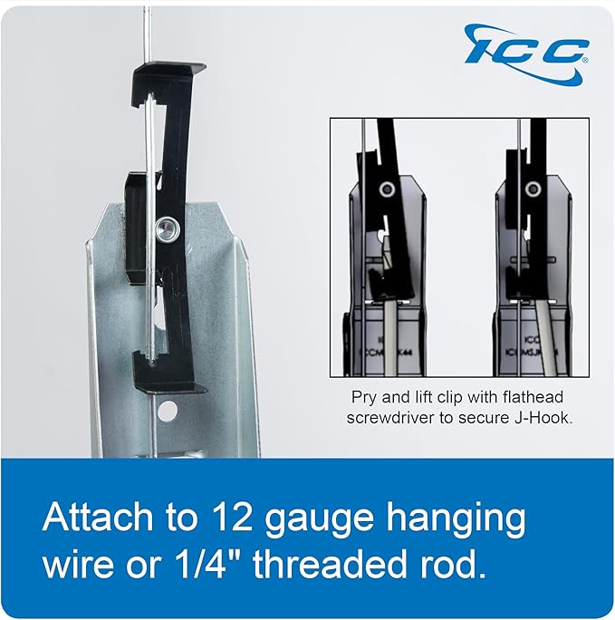 ICC Batwing J Hook 2” with Retainer Clip - Galvanized Steel Cable Management Hooks for Hanging Cable to Hanger Wire and Threaded Rod - Rust-Resistant, EIA and TIA Compliant - 2 Inch 25 Pack