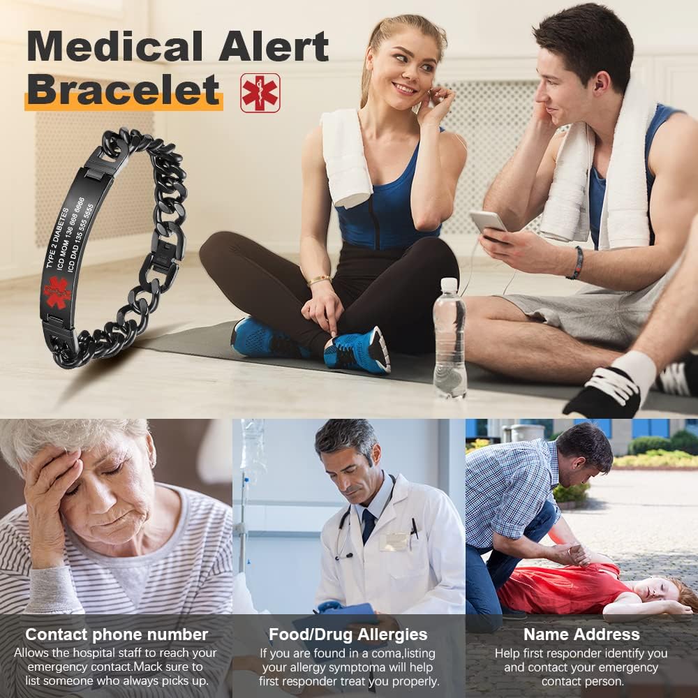 Giftider Custom Medical Alert Bracelet Engraved Emergency ID Stainless Steel Bracelets for Adults Men Women 7.5-8.5-9.8 Inch