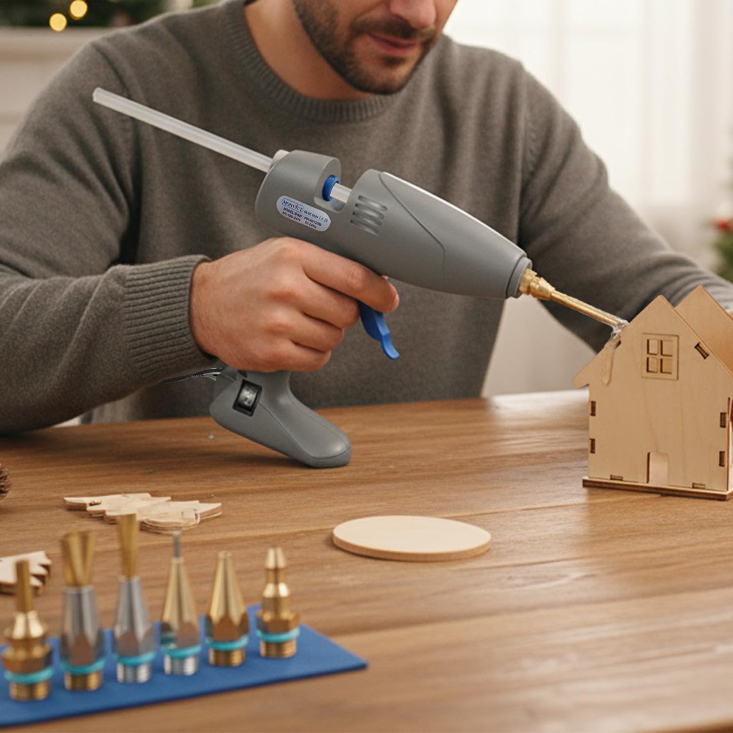 MONVICT Full Size Hot Glue Gun with 7 Copper Nozzles,120W Dual Temperature Switching, 3 Silicone Finger Covers, Corded Detachable Cord Use Stand-Up Base Anti-drip for Art DIY Craft repair
