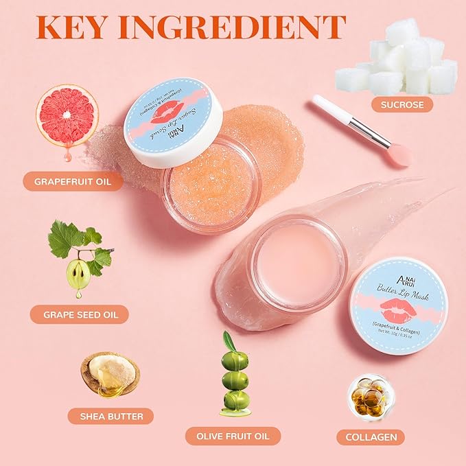 Hydrating Lip Mask & Lip Scrub Set, Lip Overnight Treatment For A Softer & Smoother Pout, Lip Exfoliator Scrub and Moisturizer Set With Grapefruit, Non-Sticky, Vegan & Cruelty-Free