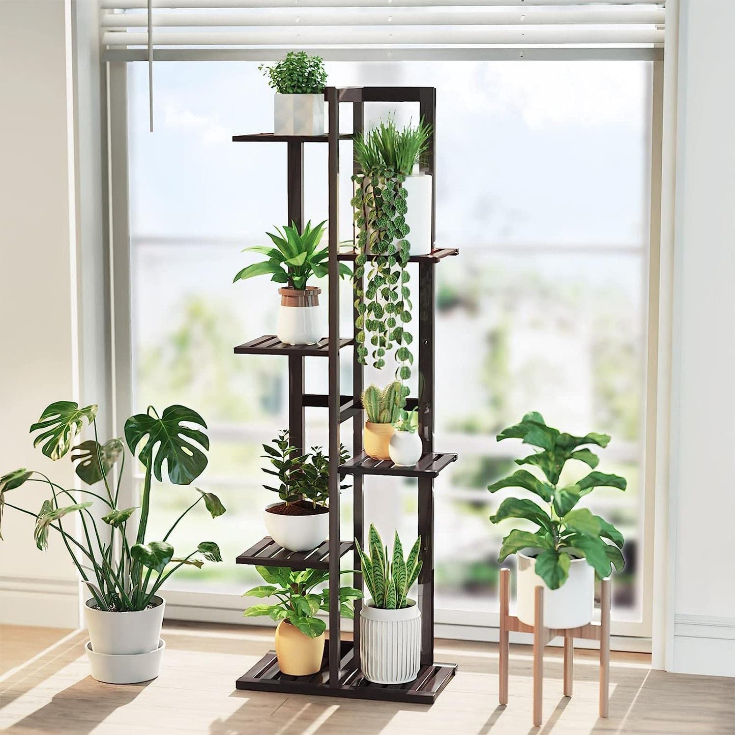 DolceLuna Plant Stand Indoor 6 Tier, Bamboo Plant Shelf Corner Display Rack, 46 Inch Tall Multiple Planter Pot Holder, Space-Saving Flower Stand for Living Room Balcony Garden Patio