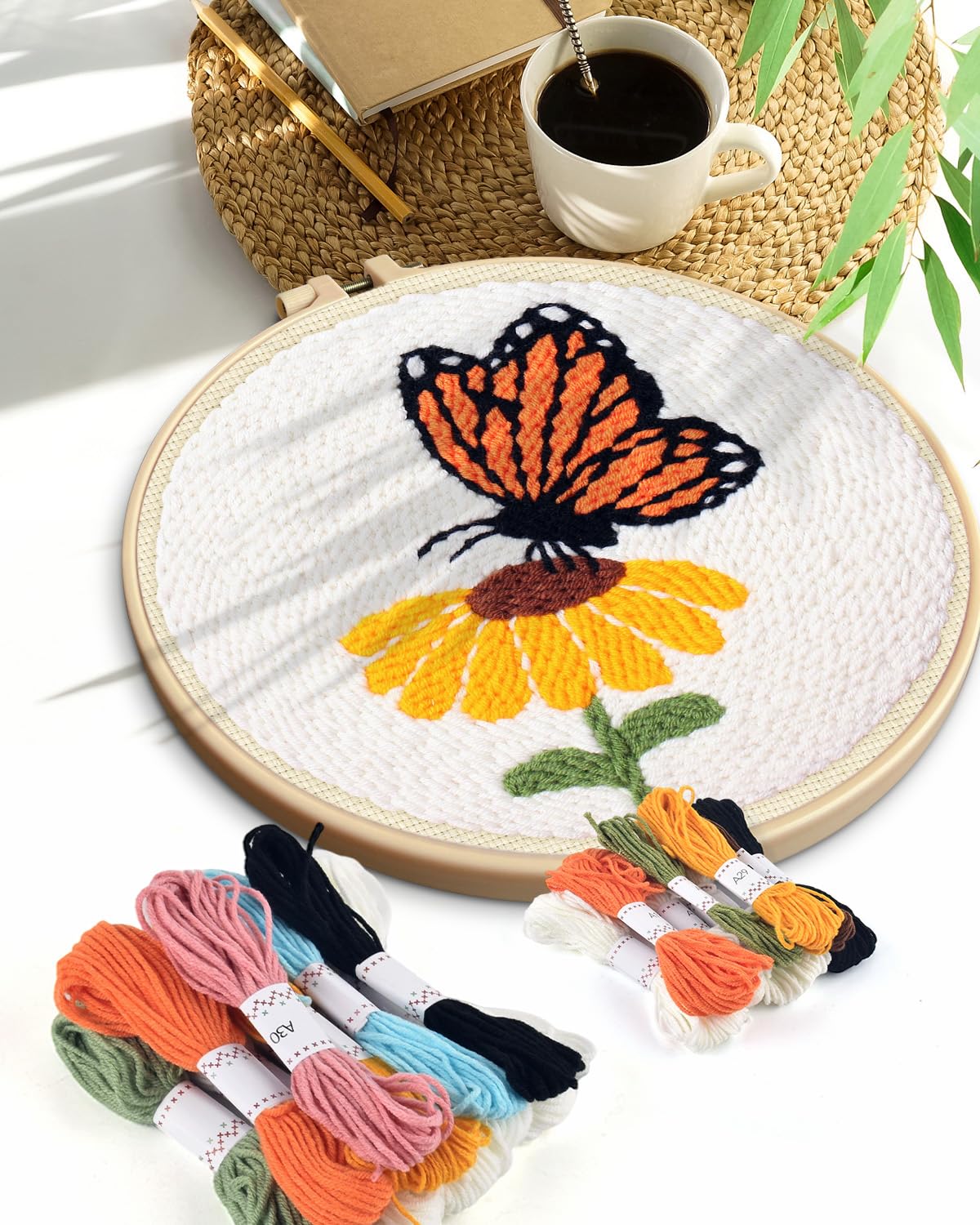 TINDTOP Punch Needle Kits, DIY Punch Embroidery Kits for Adults Beginner, Tool with Punch Needle Fabric, Hoops, Yarns and Sewing Needles (Set A)