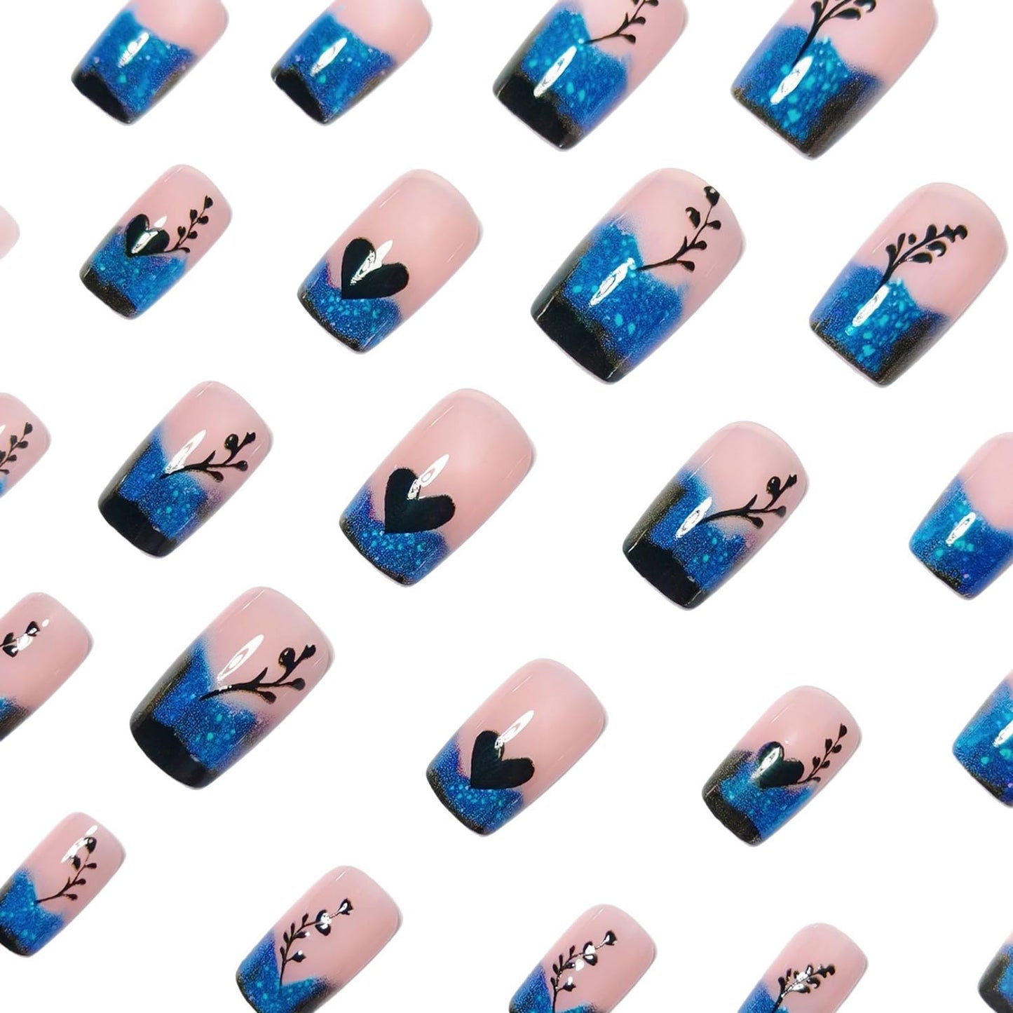 24 Pcs Blue Gradient French Tip Press on Nails Short Square Shaped False Nails Heart Love Pattern Designs Glitter Acrylic Fake Nails Full Cover Glossy Artificial Stick on Nail Women Nail Art DIY