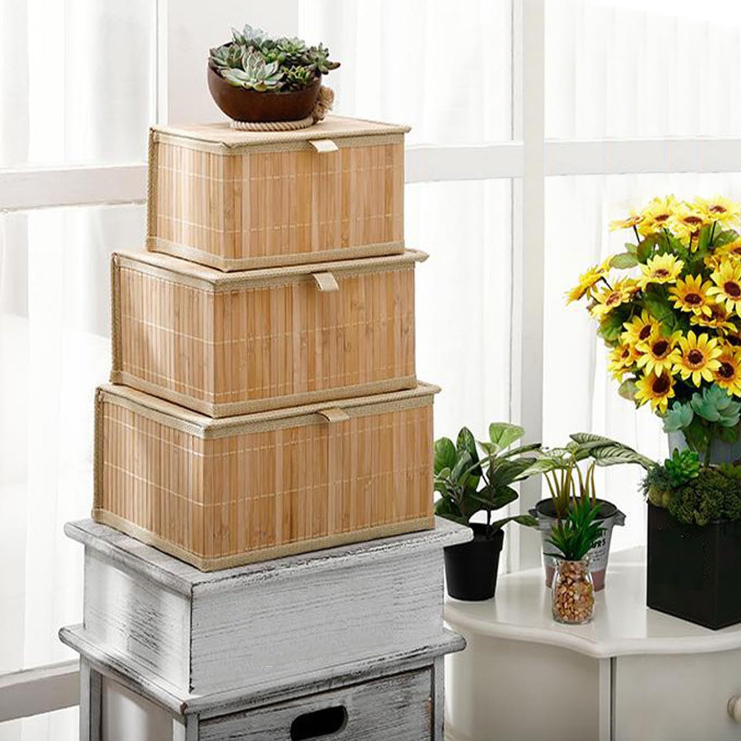 LOLYSIC Bamboo Storage Boxes with Lids, Set of 3 - Woven Decorative Baskets for Home, Kitchen, Shelf Organizer Wicker Lidded Basket, Handmade Storage Bin