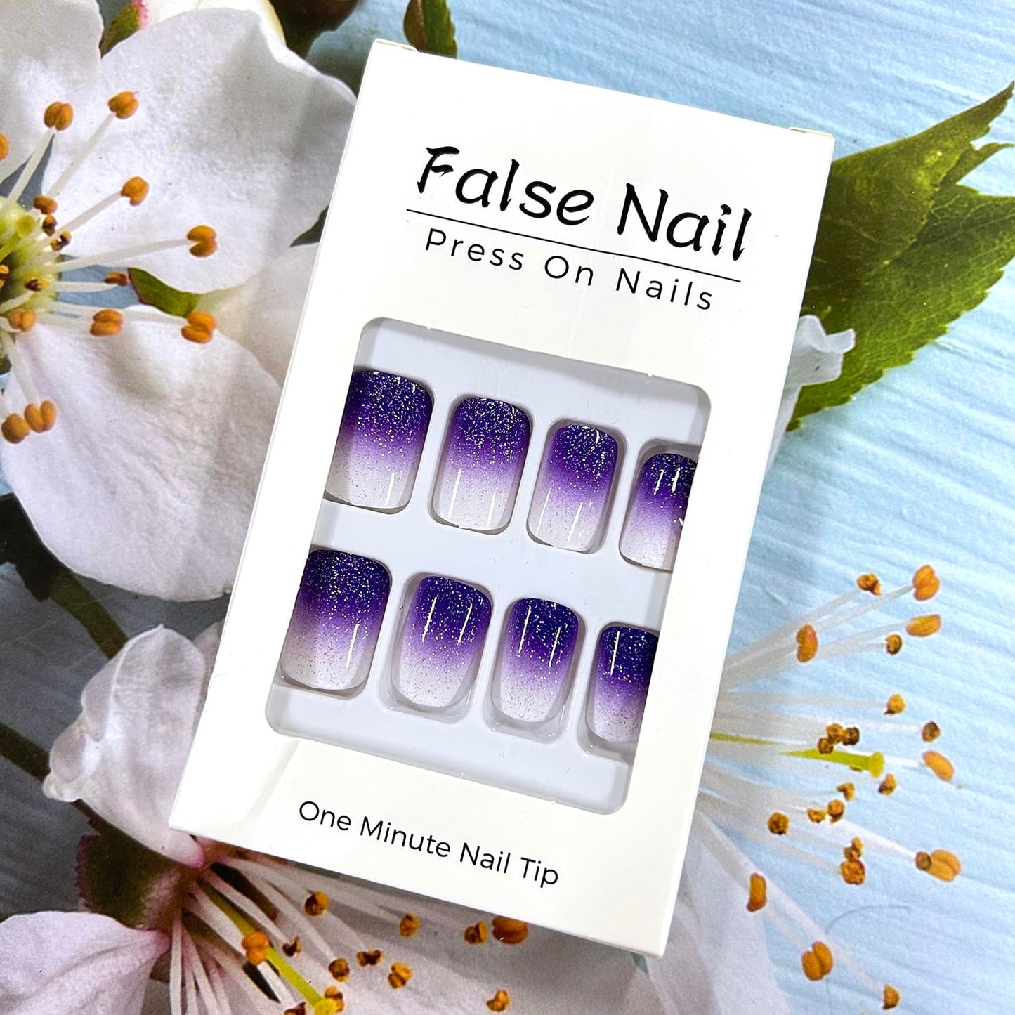 Purple Gradient Press on Nails Square Glitter Powder False Nails Medium Coffin Nails Full Cover Artificial Nails Reusable Acrylic French Stick on Nails DIY Glue on Nails for Women Manicure Kit 24Pcs