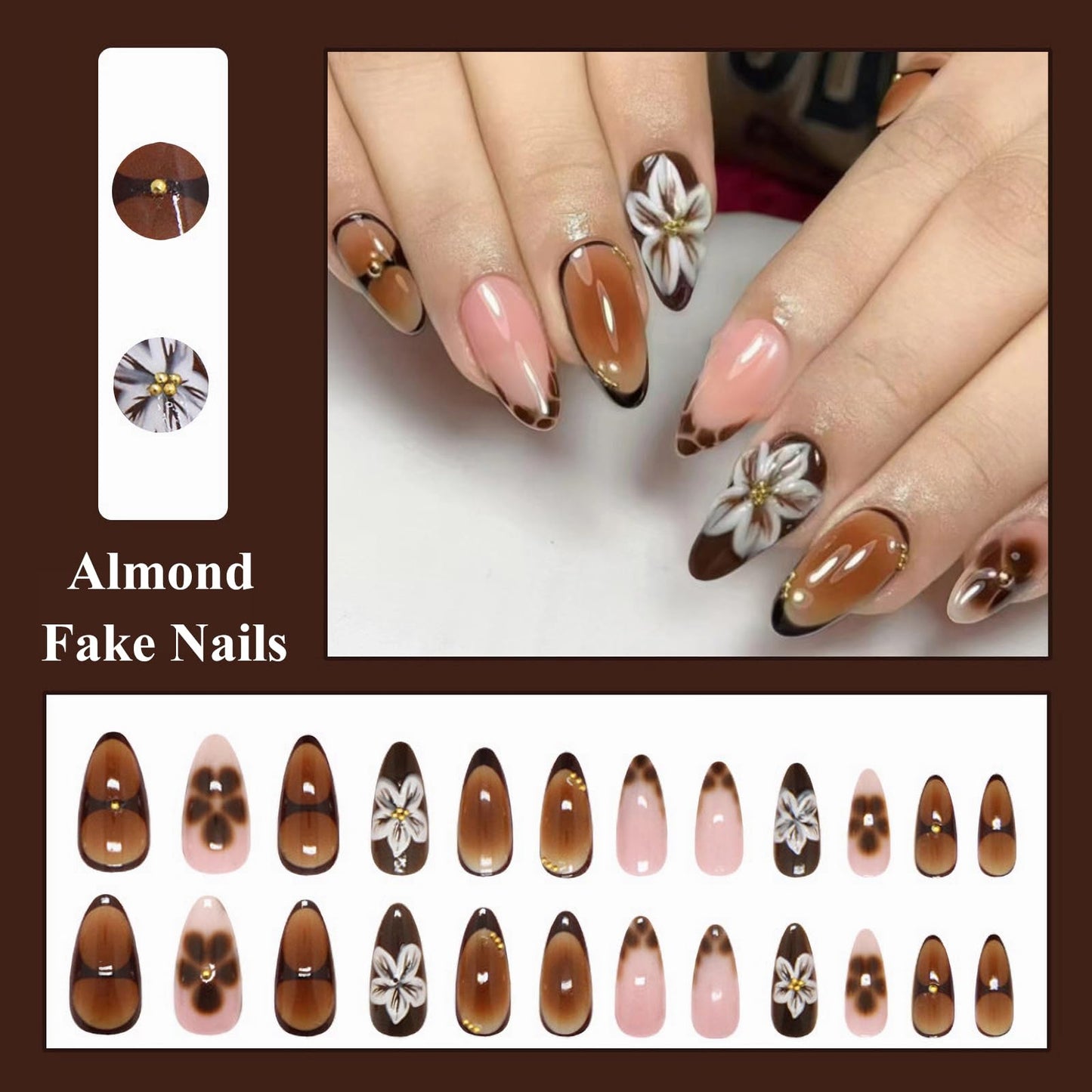 MISUD Press on Nails - Medium Almond Fake Nails with Fall Brown, Acrylic Autumn Flower Design 24 pcs