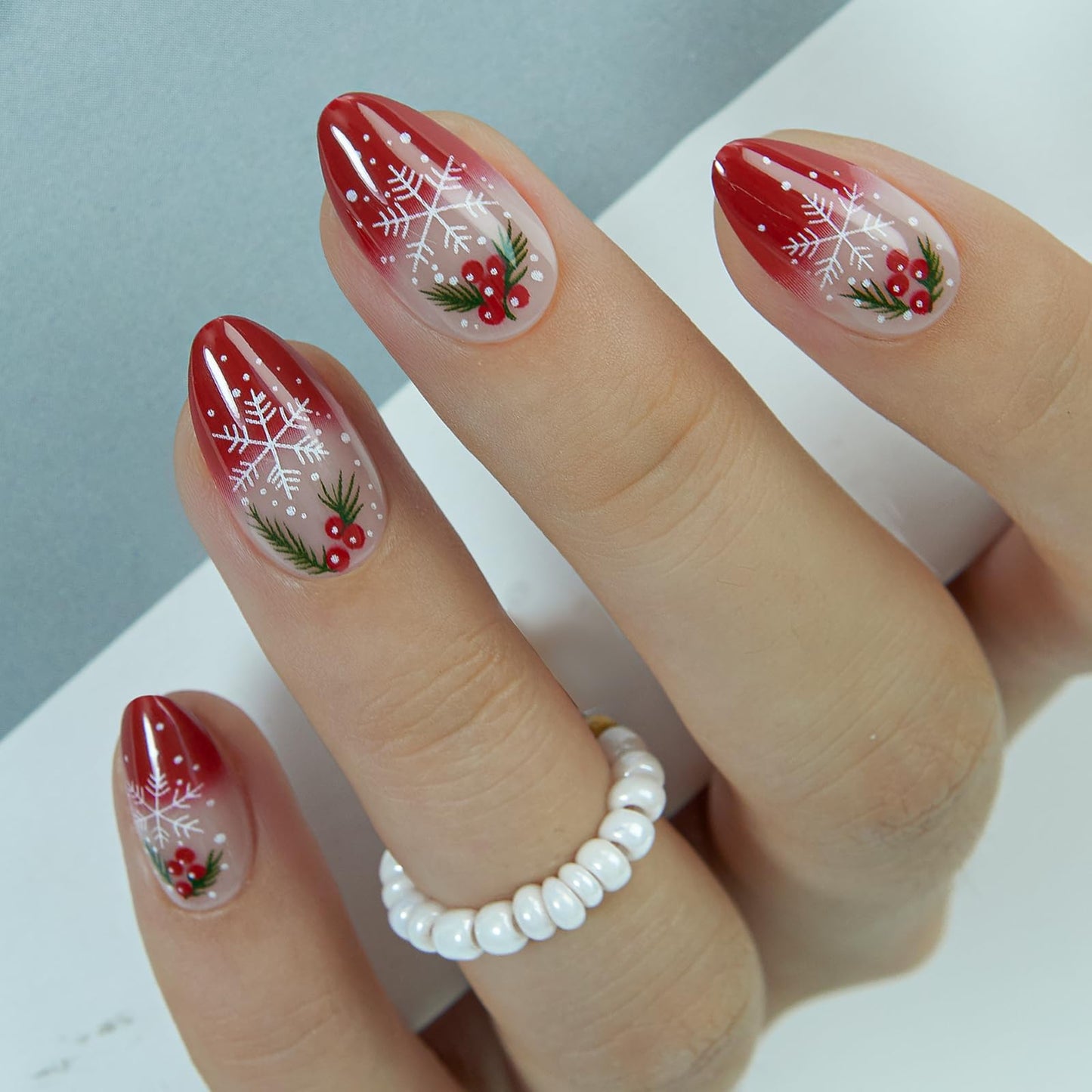 CurvLife Soft Gel Medium Press On Nails – Red French Christmas Snowflake Nails Reusable False Natural Fit Fake Nails Tips Stick Ons, Salon Quality UV Finish