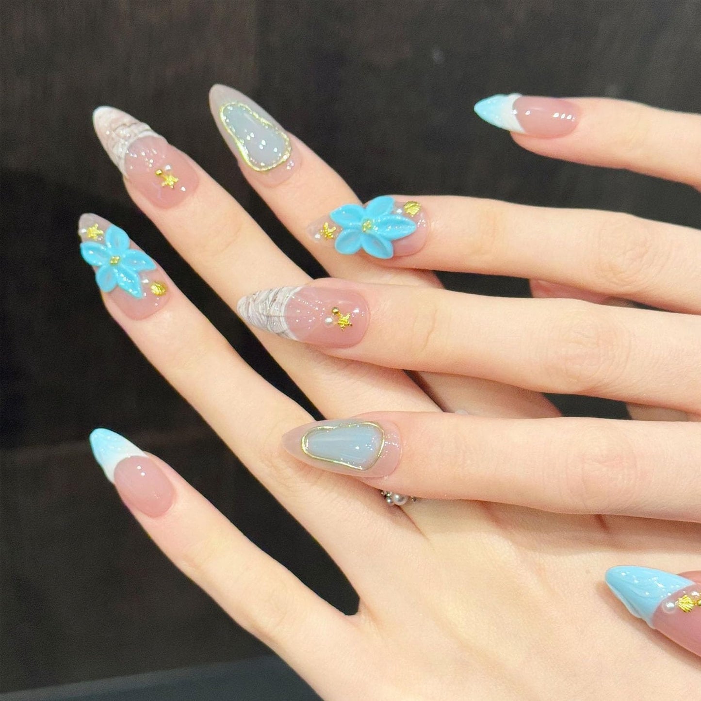 10 Pcs Handmade Press on Nails Medium Almond Fake Nails with Blue 3D Flower Design French Tip Acrylic False Nails Pink Medium Almond Press Ons Nails M Size for Women Beach Manicure
