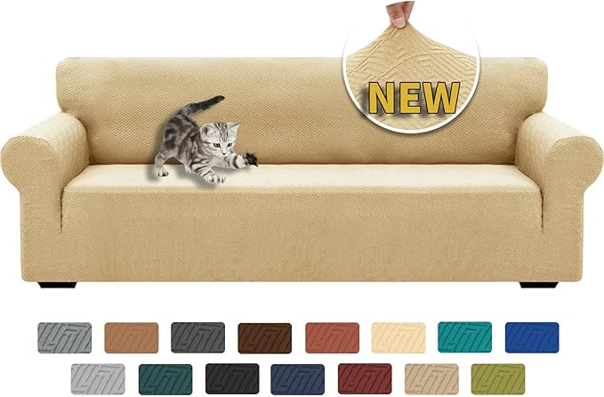 XINEAGE 2026 New Extra Large Couch Cover for 3 Cushion Couch (91"-110") 1 Piece Stretch Oversized Sofa Slipcovers Jacquard 4 Seater Furniture Protector Elastic Bottom for Kids,Pet (XL Sofa, Beige)