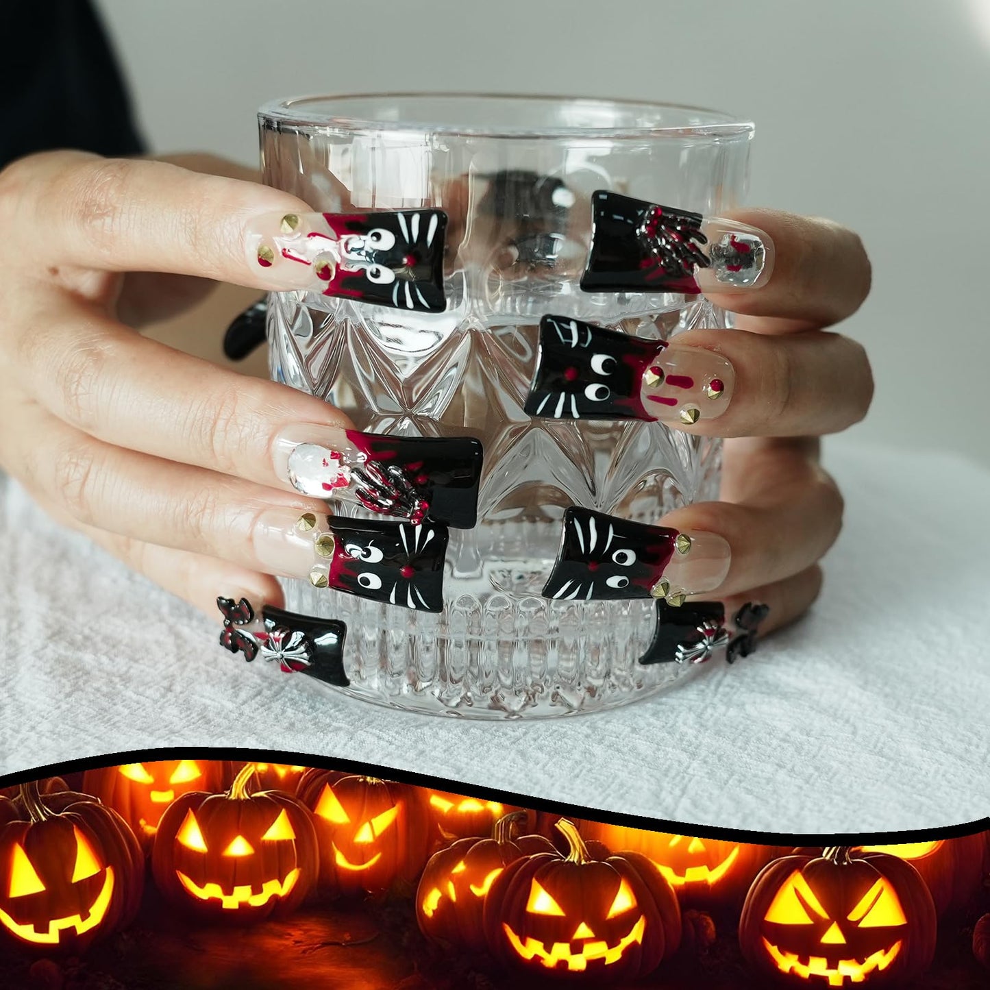 Tesytto Long Duck Gothic Cat Press On Nails - Y2K Red Drip, 3D Skull Cross Bow Charms, Reusable Acrylic Stick On Nails (Hand-Painted Cat, M)