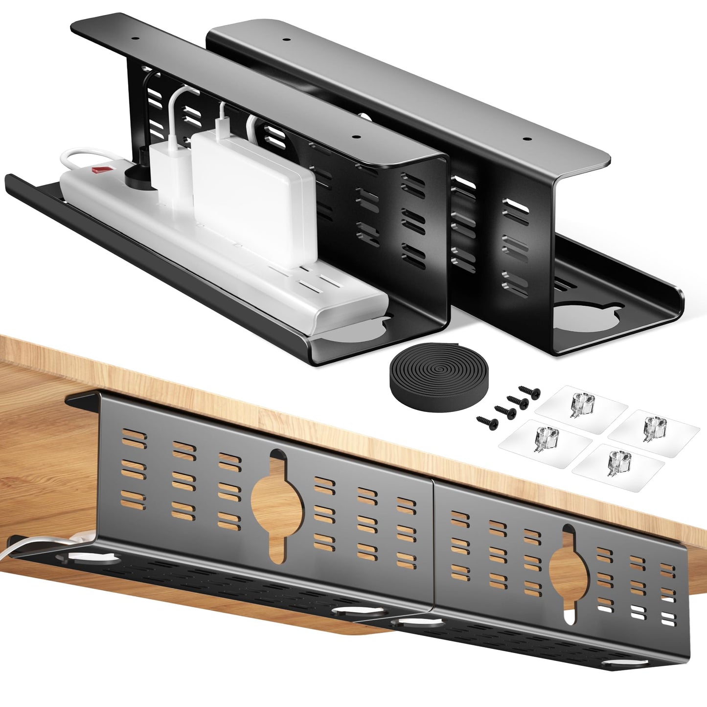 2 Pack Cable Management Under Desk Black, Cinati 32" Large Cable Management Tray, Under Desk Alloy Steel Wire Organizers, Cord Hider Tray for Office and Home - Tape or Screw Installation