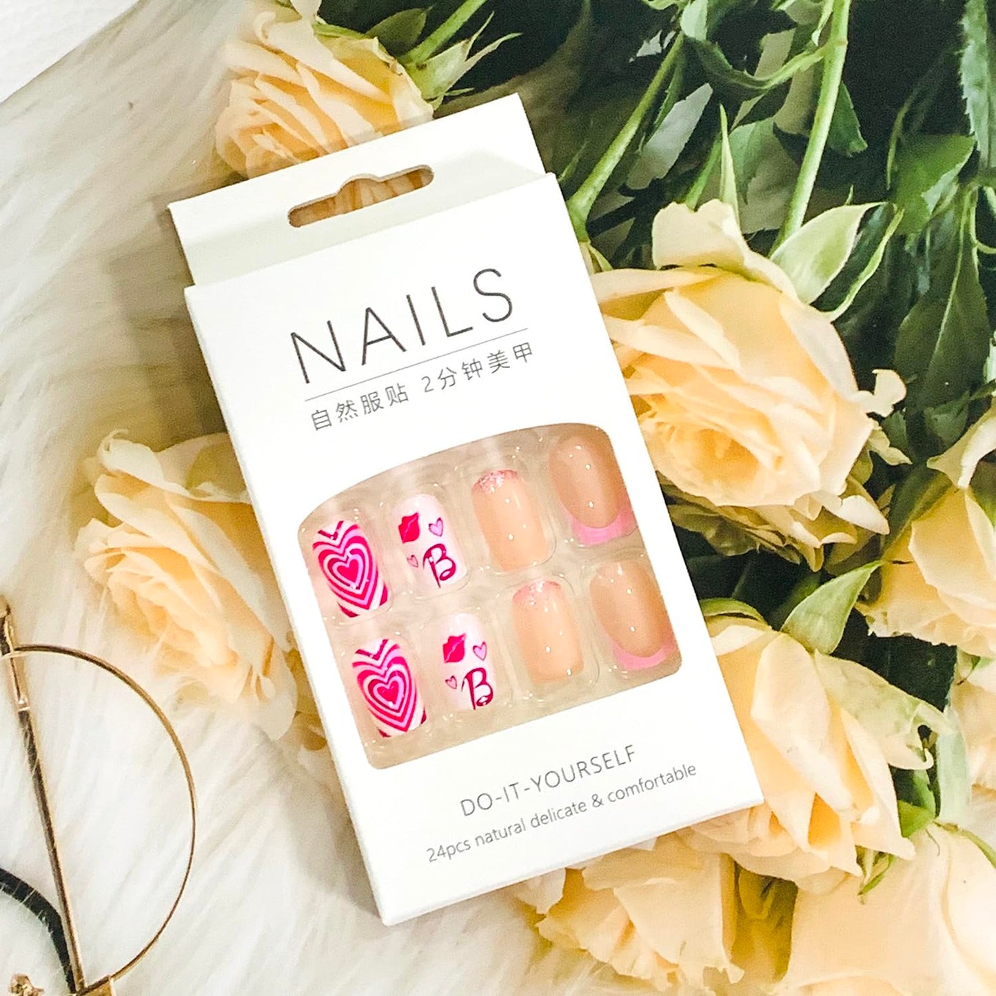 Press on Nails Medium Square Pink 24Pcs Glossy Full Cover Artificial French Fake Nails with Heart Lips Designs Reusable Coffin Acrylic False Nails Glue on Fingernails with Charm for Women