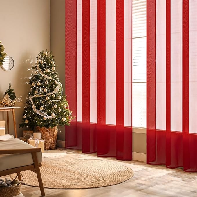 MIULEE 2 Panels Red Solid Color Sheer Christmas Window Curtains Elegant Window Voile Panels/Drapes/Treatment for Bedroom Living Room (54X96 Inches)