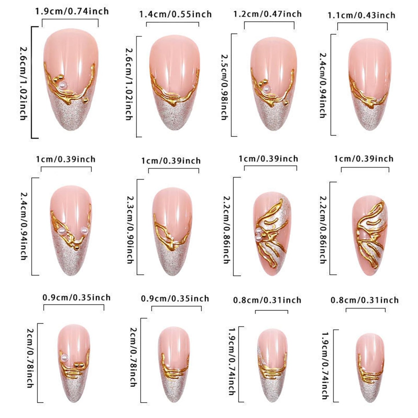 Gold Irregular Pattern Press on Nails Glitter French Tip Fake Nails with Pearl Design Long Almond False Acrylic Nail Glossy Full Cover Artificial Glue on Nail for Women DIY Manicure
