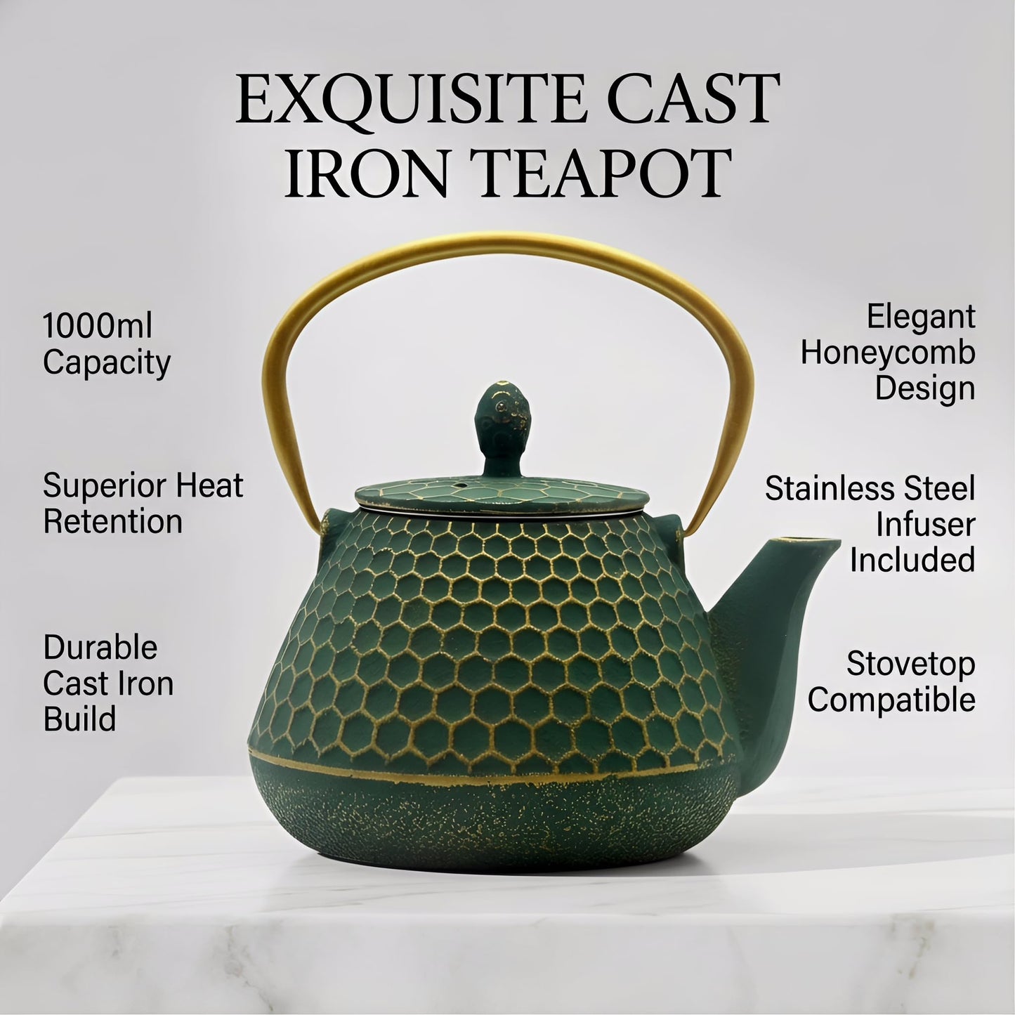 Cast Iron Tea Kettle, Japanese Tetsubin Teapot Coated with Enameled Interior, Durable Cast Iron Teapot with Stainless Steel Infuser for Stovetop Safe(1000ml/34oz)